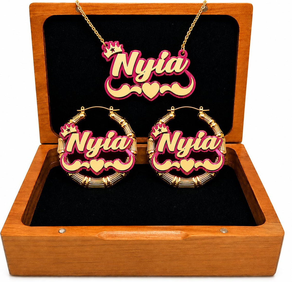 MIRROR MANIA Personalized Name Necklace & Bamboo Hoop Earrings Set | Custom Gold Nameplate Jewelry with Swirls, Heart & 
