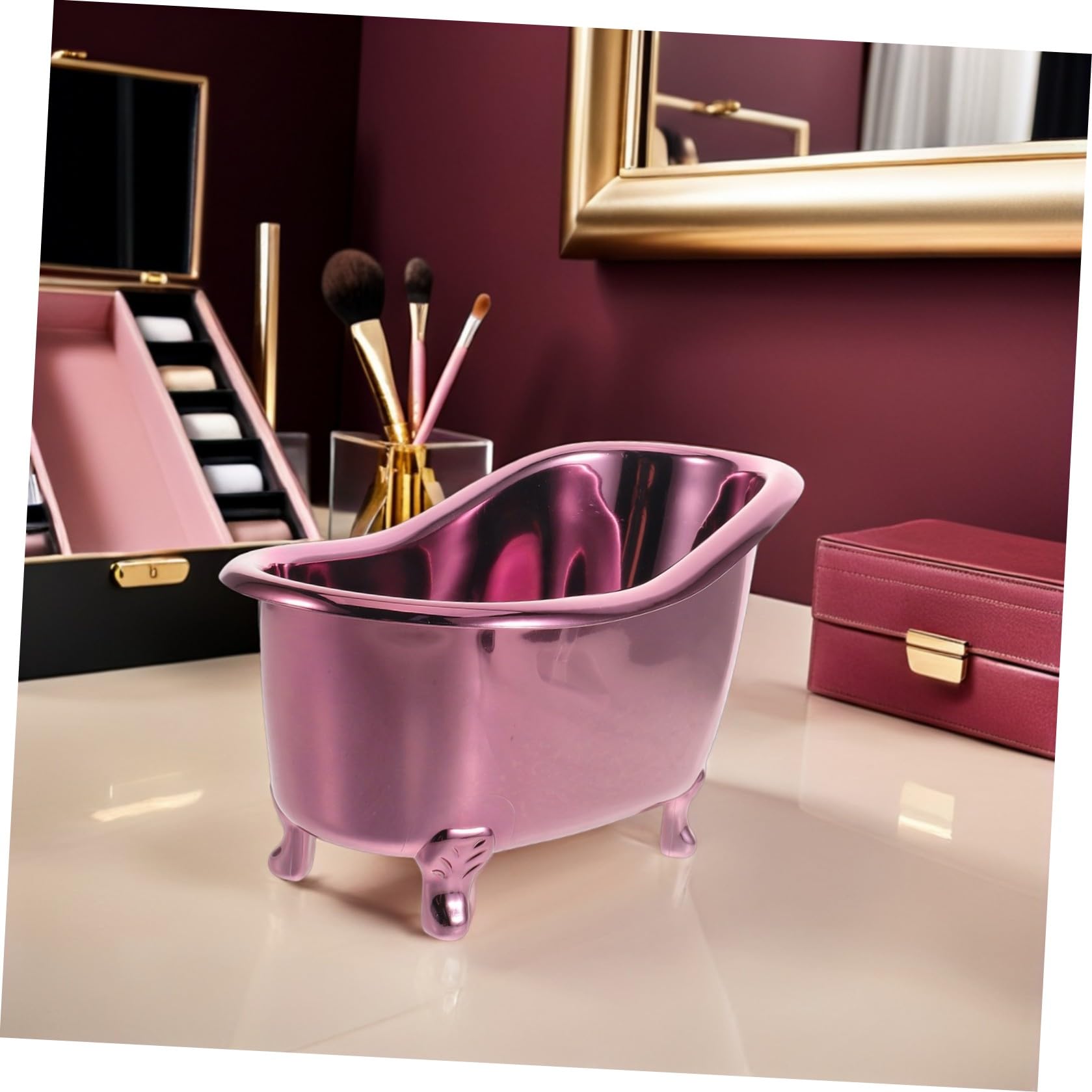 ULTECHNOVO mini metal purple bathroom caddy, 25x13x15cm, for organizing skincare, nail polish, and cosmetics on a bathroom counter.