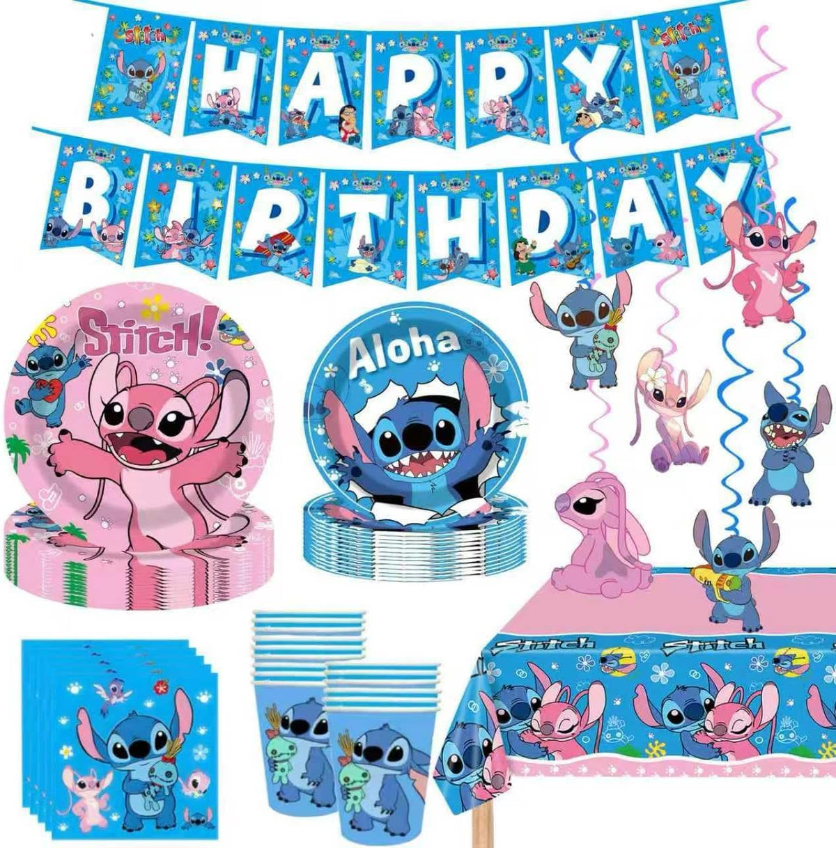 KROCEUS 88PCS For Stitch Party Supplies: 6 Hanging Swirls, 20 Napkins, 20 Cups, 20 Plates （9 inch）， 20 Plates 7（ inch）, 