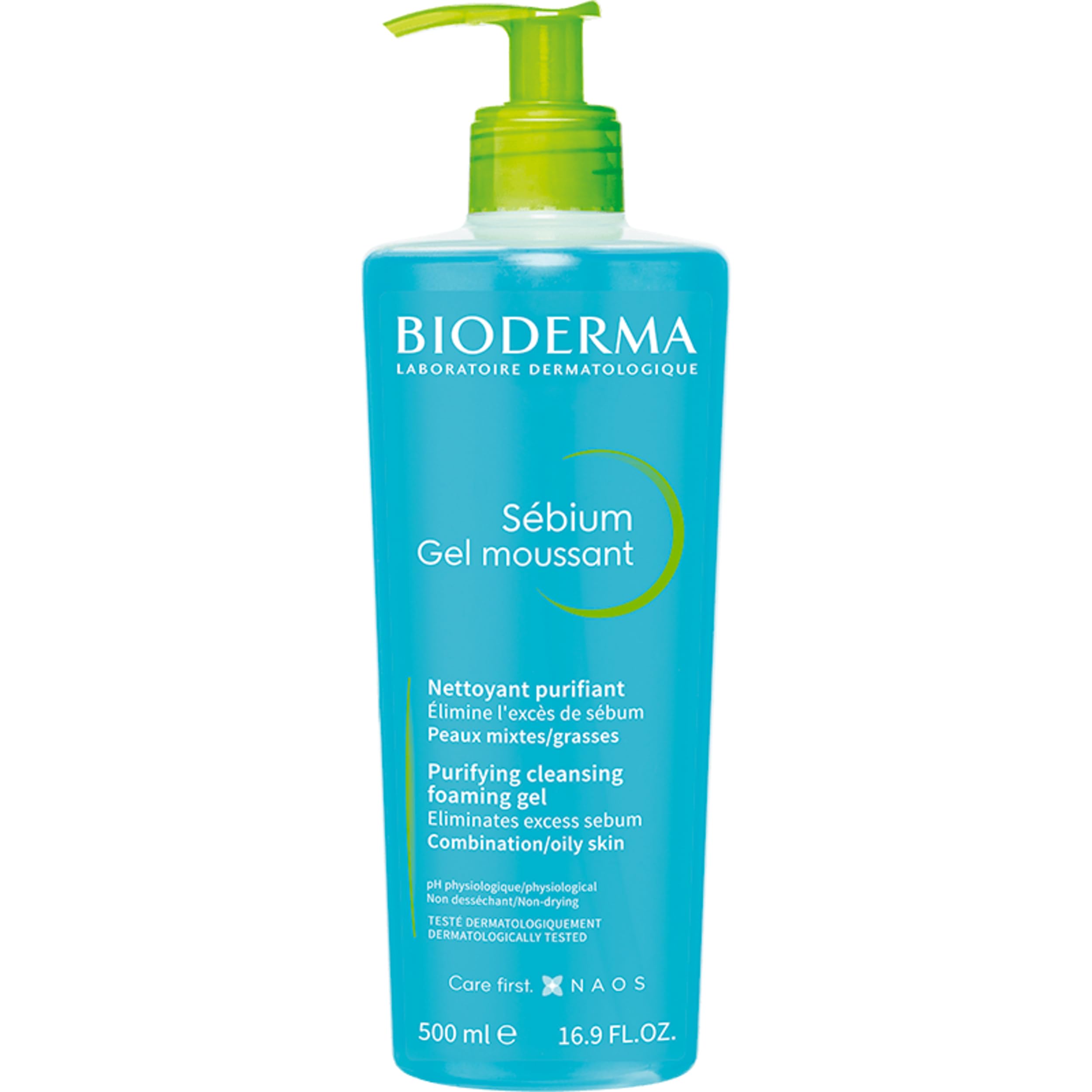 Bioderma Sébium foaming gel pump for cleansing and makeup removal, purifies skin for combination to oily skin, 16.91 fl oz