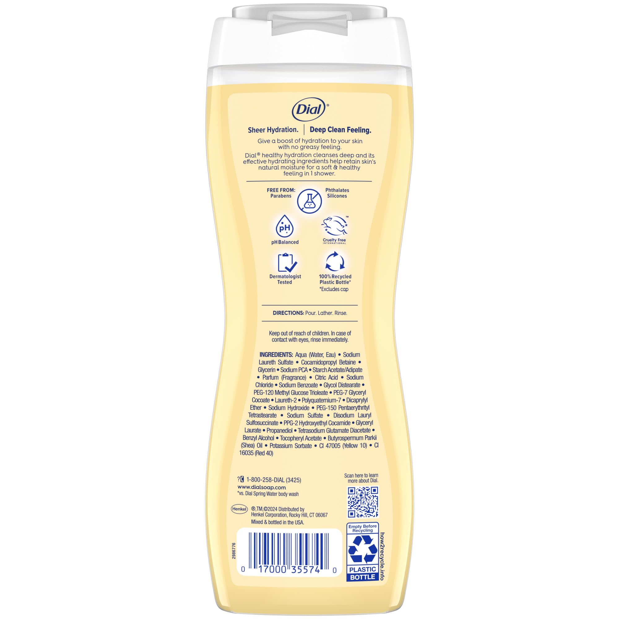 Dial Healthy Hydration Shea Butter Body Wash 4-pack with moisturizing formula, featuring creamy texture and clean, fresh lather.