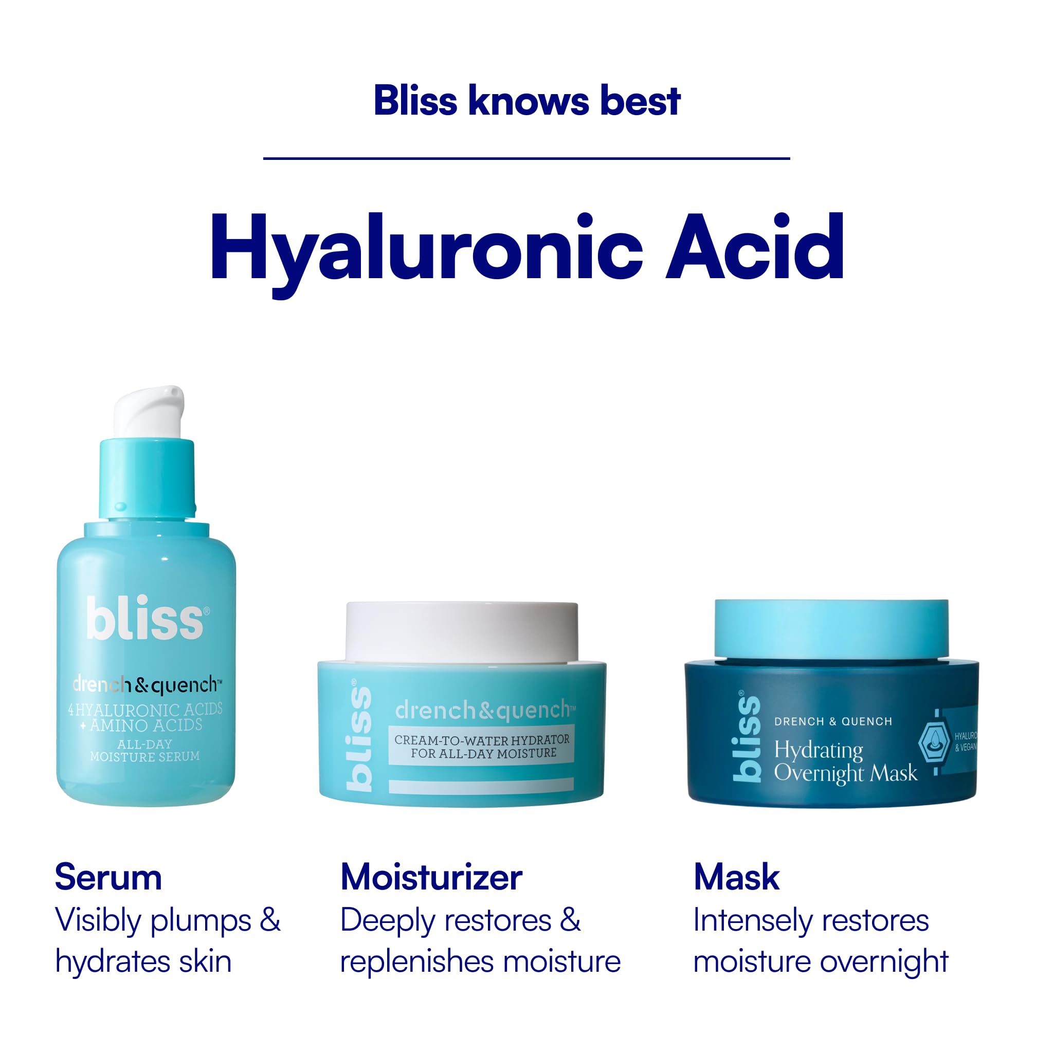 Bliss Drench & Quench hyaluronic acid face moisturizer in a 1 fl oz bottle, providing hydrating skincare for glowing skin.