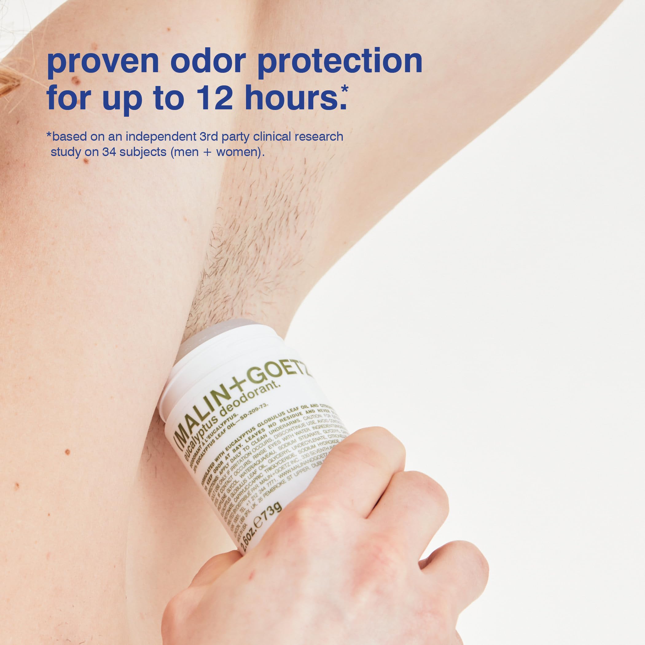MALIN+GOETZ Eucalyptus Deodorant 2.6 oz bottle showing the sleek packaging and label with eucalyptus scent details.