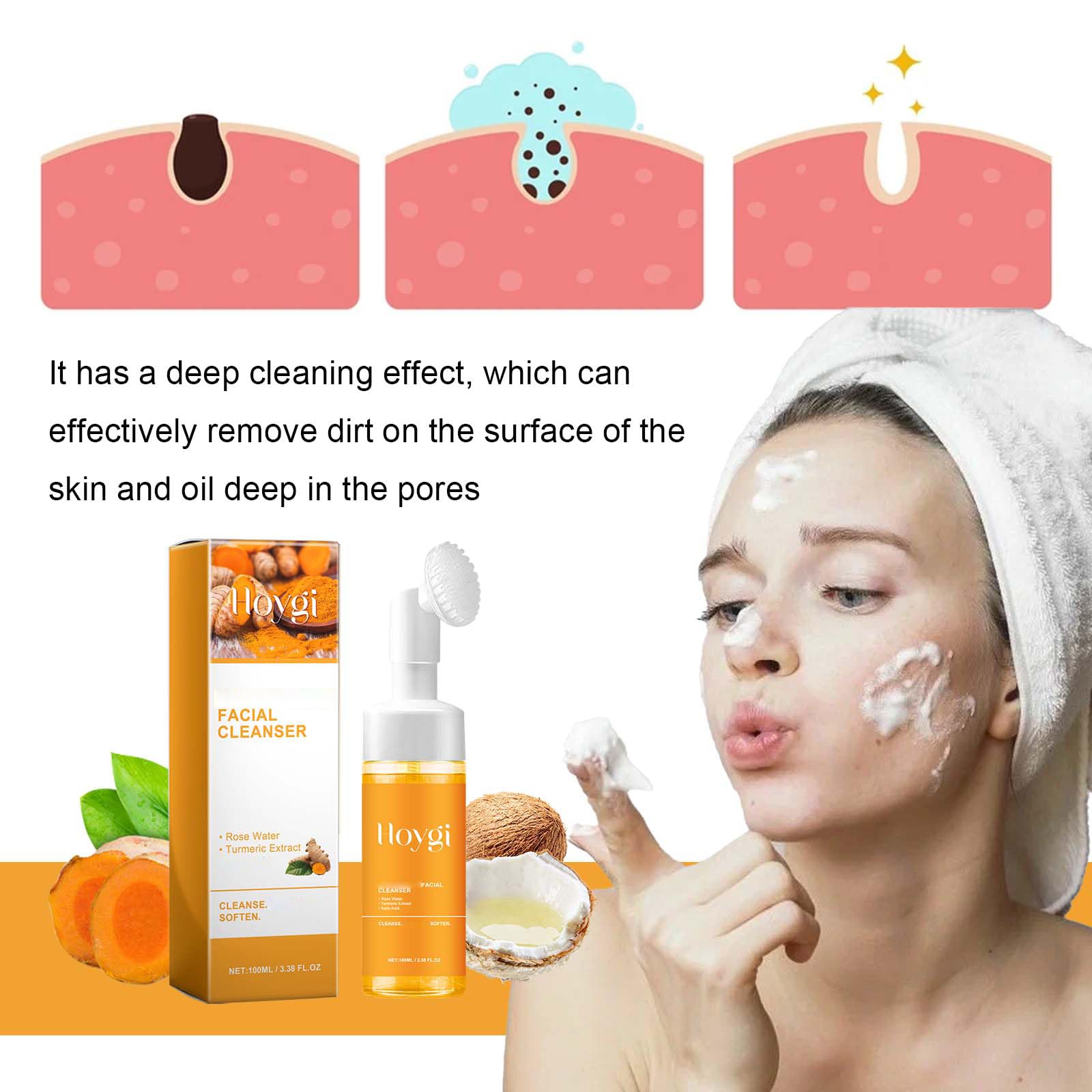 HOYGI Turmeric Face Wash with brush, 3.38 fl oz, a skin cleaning agent for gentle facial cleansing.