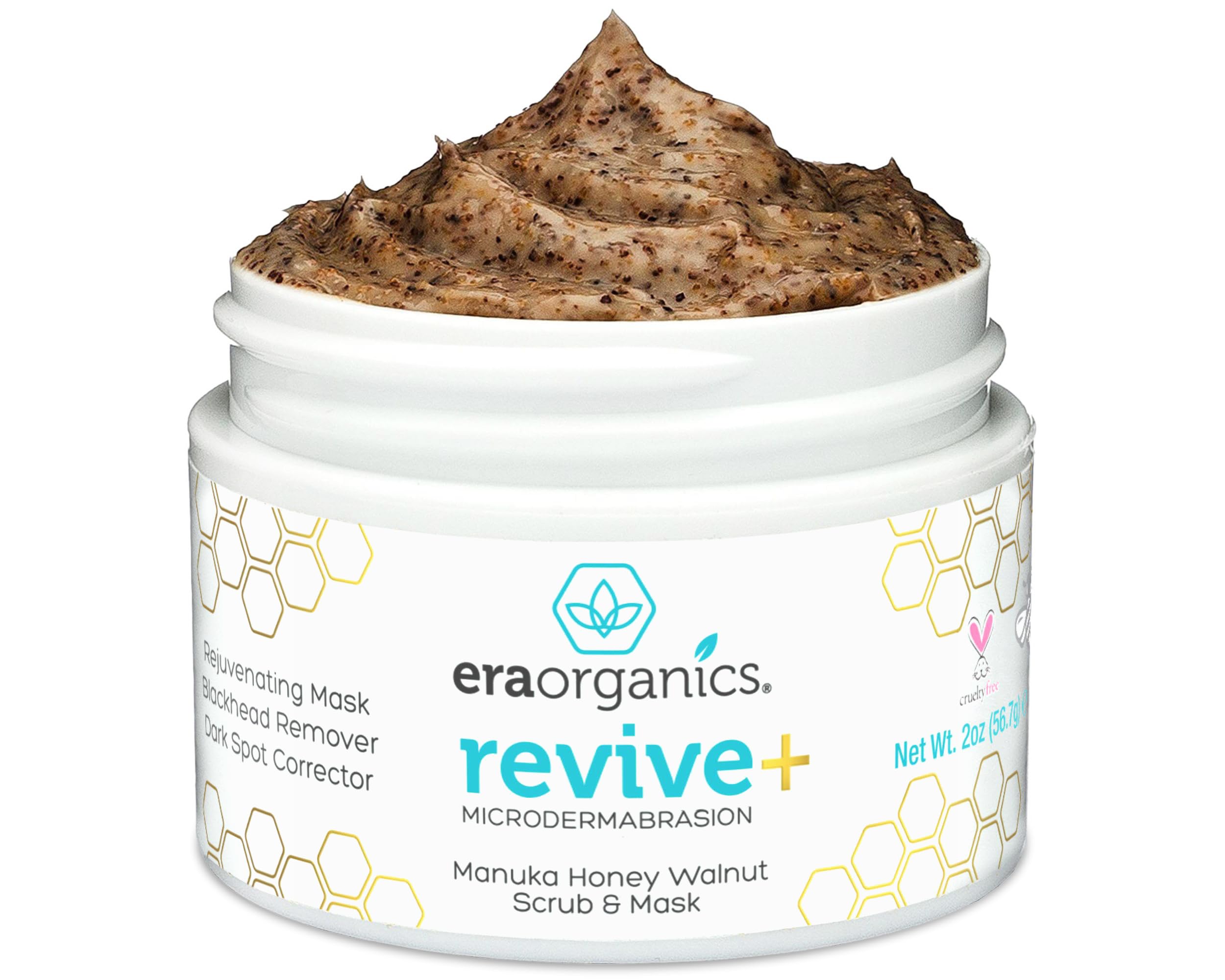 Era Organics Manuka Honey facial exfoliant with microdermabrasion texture, gentle skin scrub for smooth, refreshed skin.