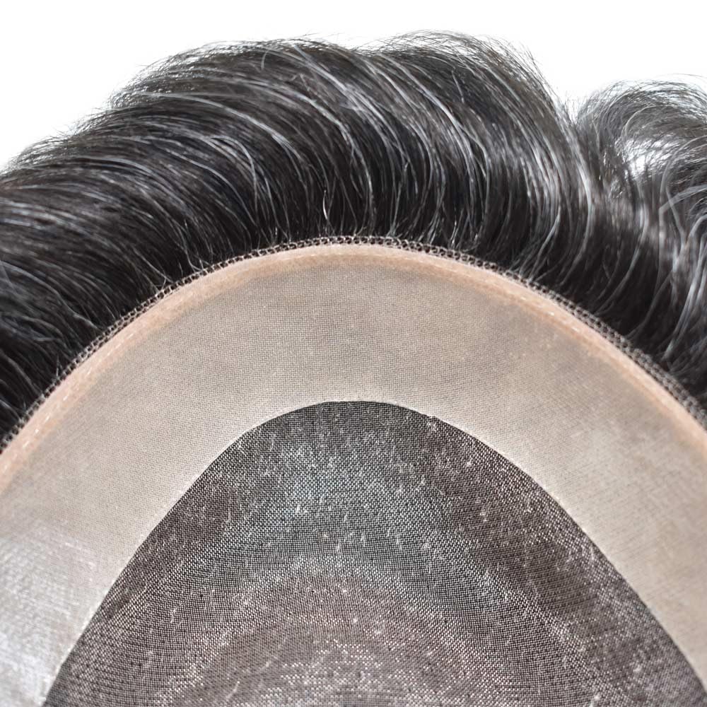 Curve Hair Mens Toupee Human Hair Piece Replacement System Monofilament Wig Hair Unit for Men Durable Poly Coated Mens Hairpiece (#1B30 Off Black+30% Gray, 7"X10")