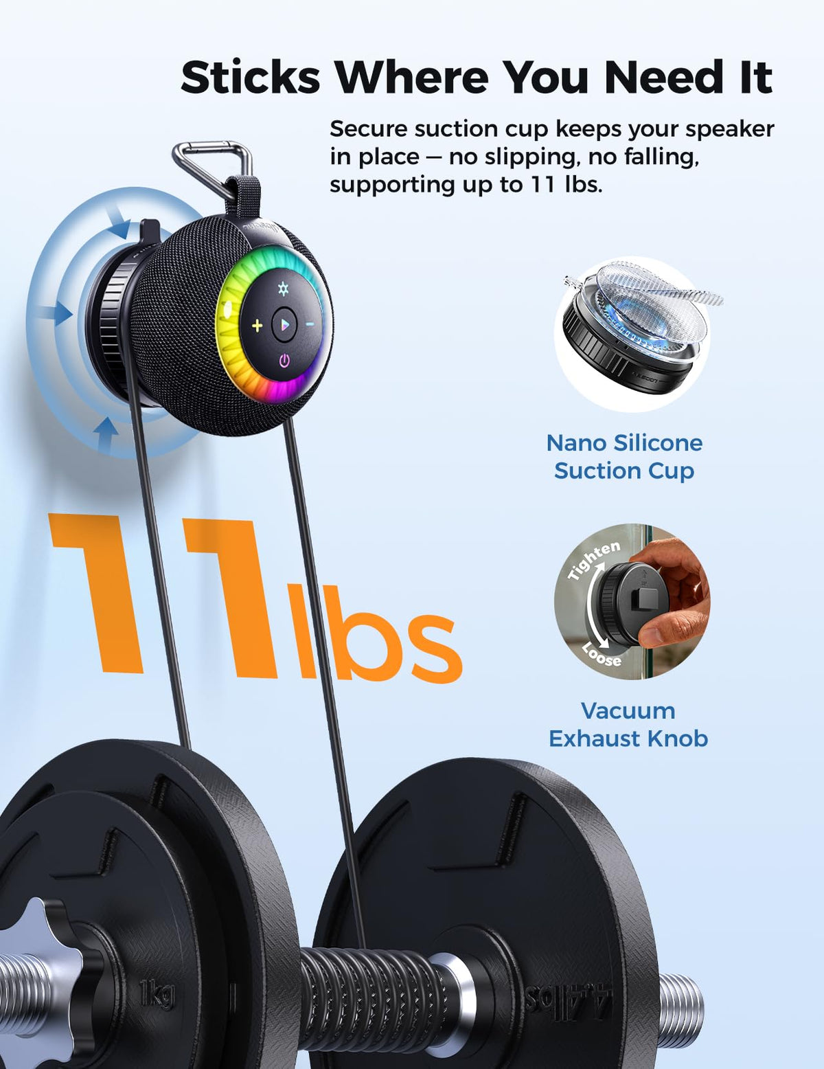 dbsono Bluetooth Shower Speaker IPX7 Waterproof: Removable Suction Cup, Black – alternate angle