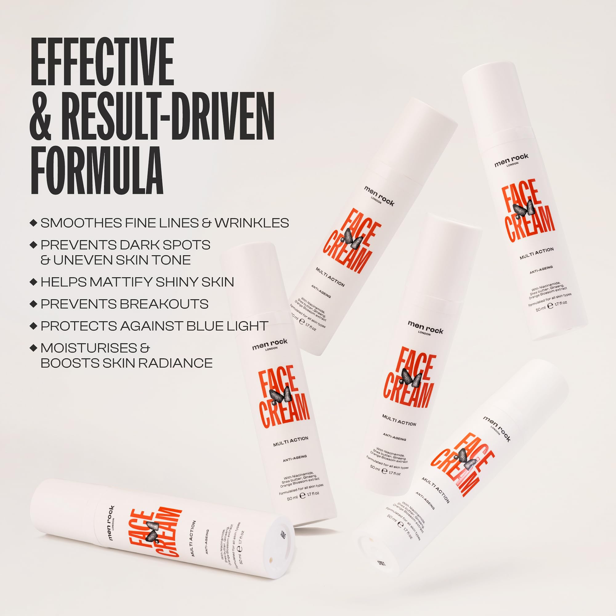 Men Rock multi-action face cream for men, daily anti-aging moisturizer, showing a 1.7 oz tube with sleek packaging.