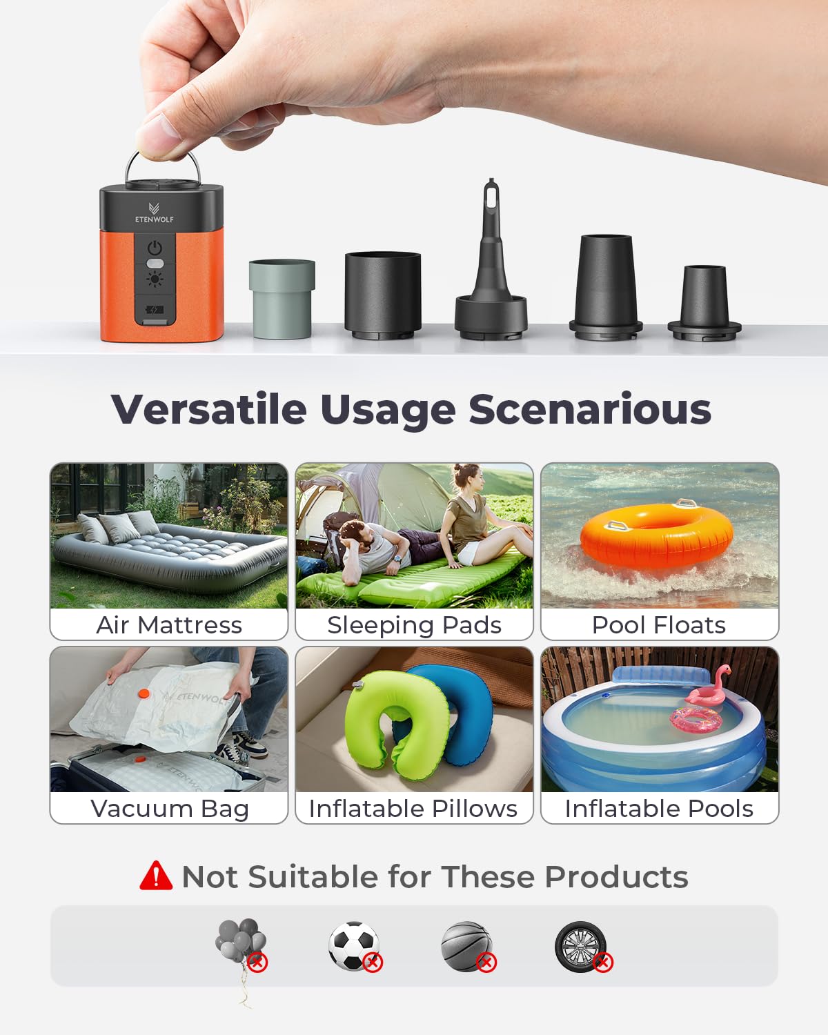 ETENWOLF AIR 3 Air Pump for Inflatables with 2600mAh Battery& Camping Light – full view