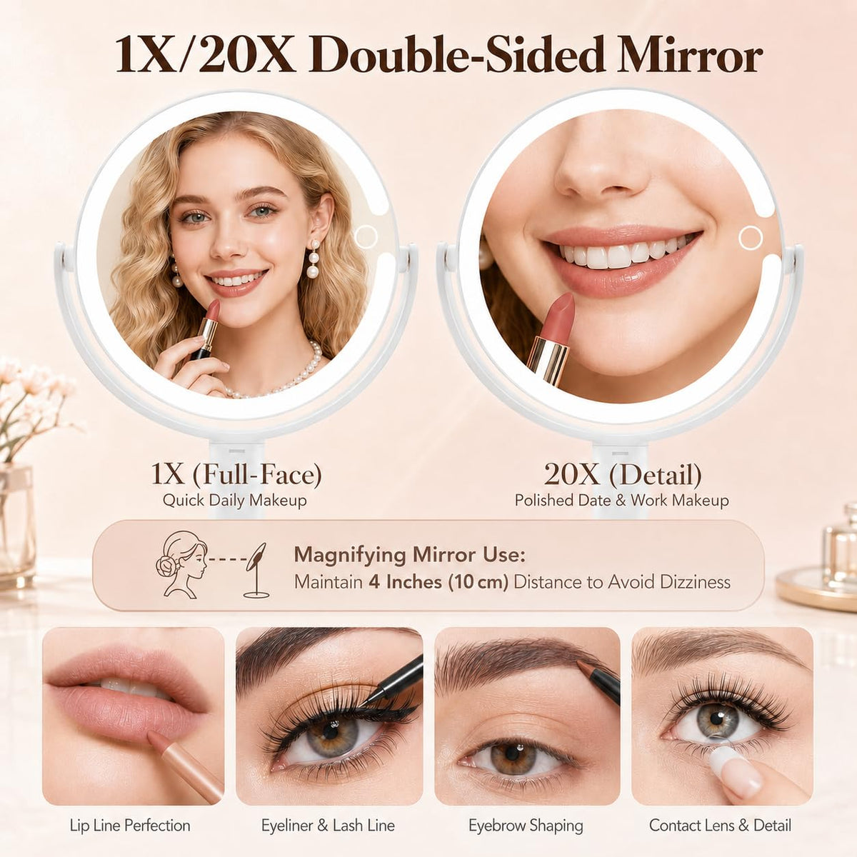 MOMOKUBA Makeup Mirror with Lights, 20X Magnifying Mirrors, Height Adjustable, Vanity Mirror with Lights Rechargeable 3 