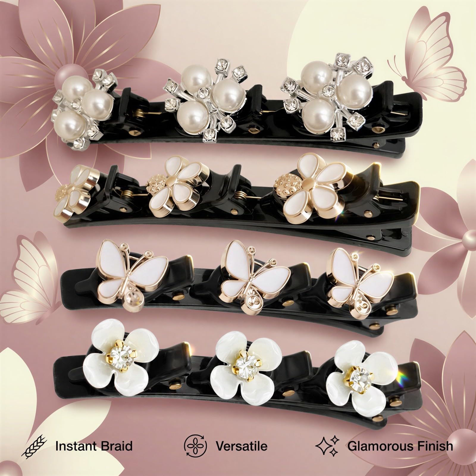 4 Pcs Rhinestone Twisted Hair Clips Set, Pearl Clip and Duckbill Hairpins with Crystal Flowers, 3.5 in / 9 cm, Double Layer Decorative Clips for Weaving Bangs and Styling Hair