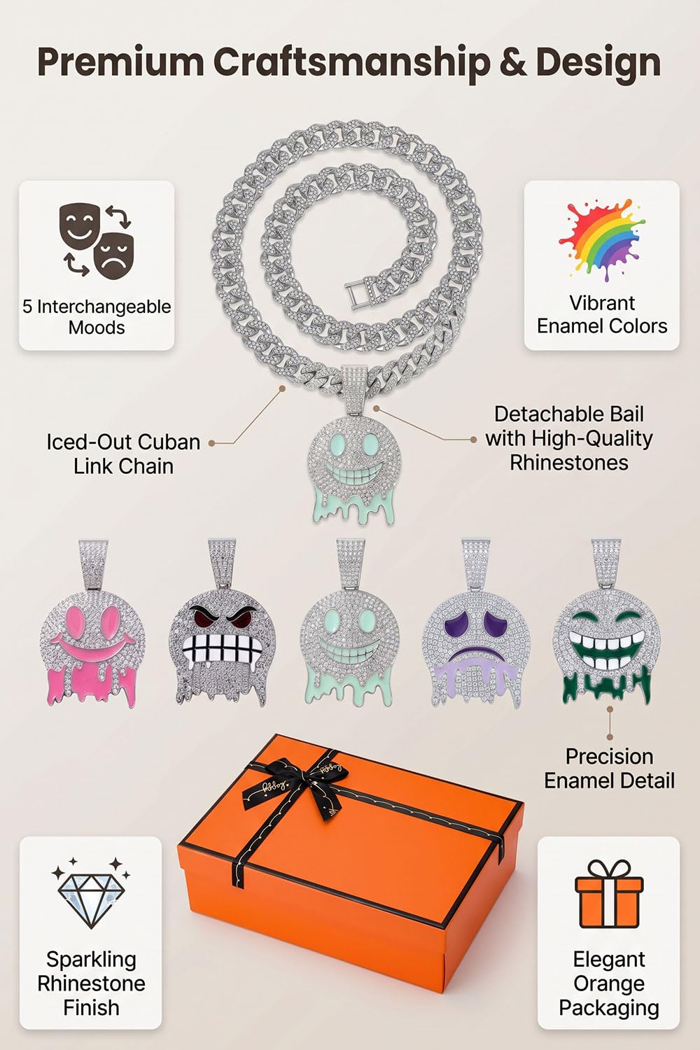 RFCAW 5-in-1 Interchangeable Mood Pendant Necklace Set, Iced Out Dripping Face Enamel Charms with Cuban Link Chain, Hip 