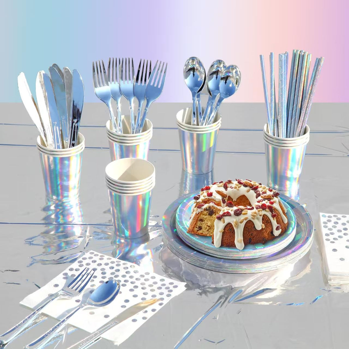 Zyzyphor 201-piece disposable party tableware set with paper plates, cups, napkins, straws, tablecloths, plastic knives,
