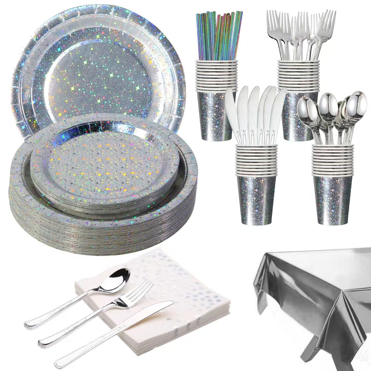 Zyzyphor 201-piece disposable party tableware set with paper plates, cups, napkins, straws, tablecloths, plastic knives,