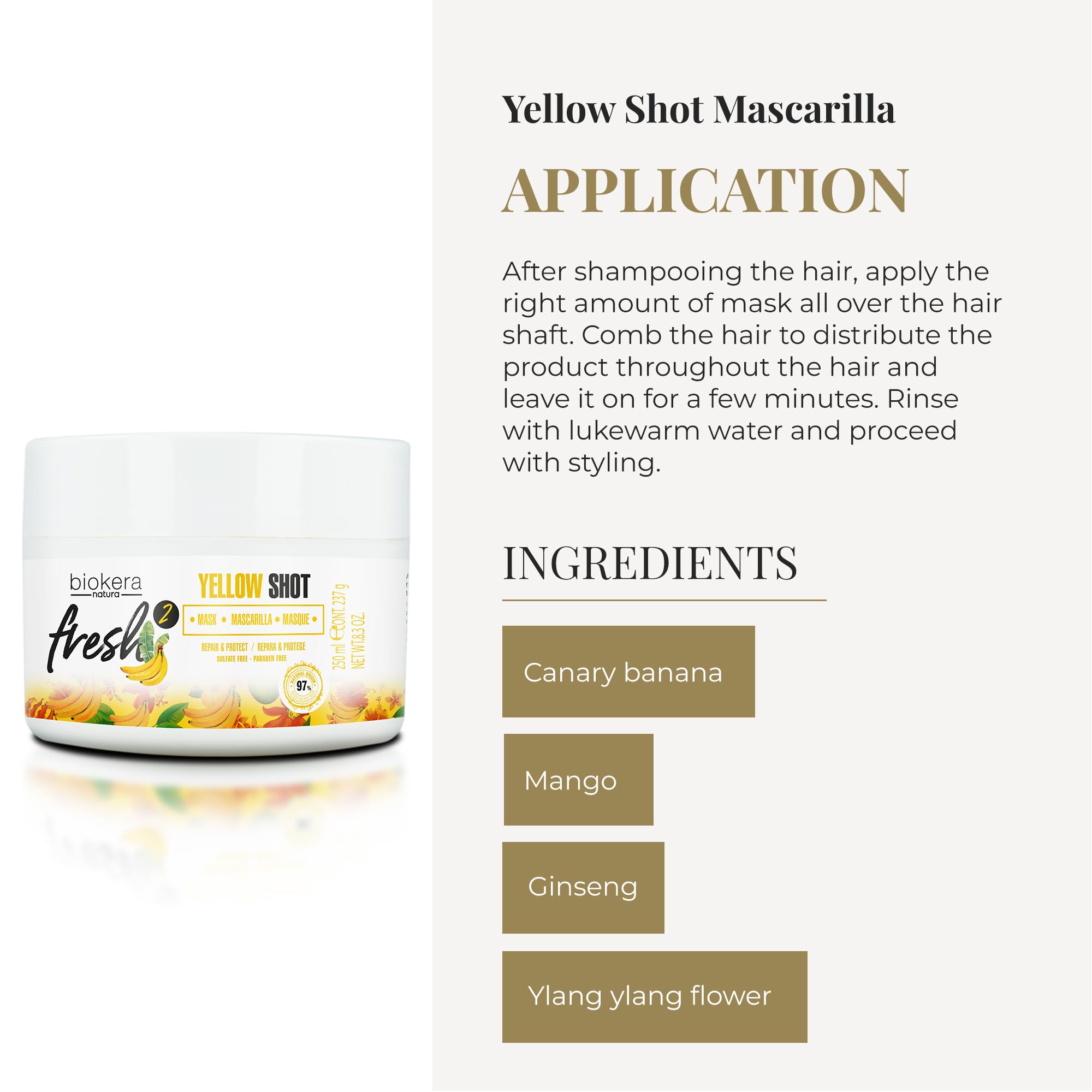Salerm Biokera Fresh Yellow Shot hair mask conditioner in a 250ml jar, with vibrant yellow packaging and a smooth texture.