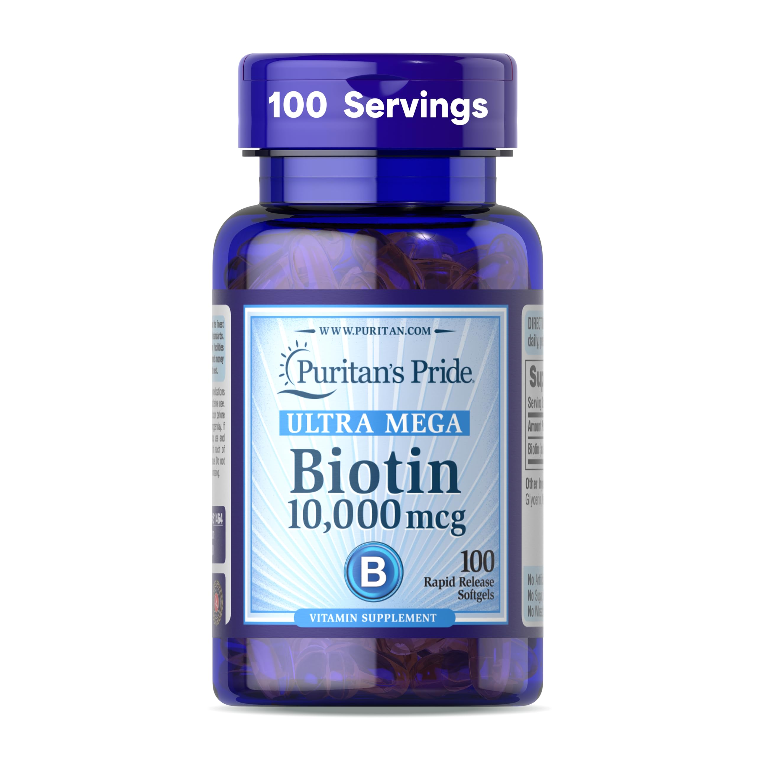 Puritan's Pride Premium Ultra Mega Biotin 10,000mcg, 100 Softgels - Product Imagery