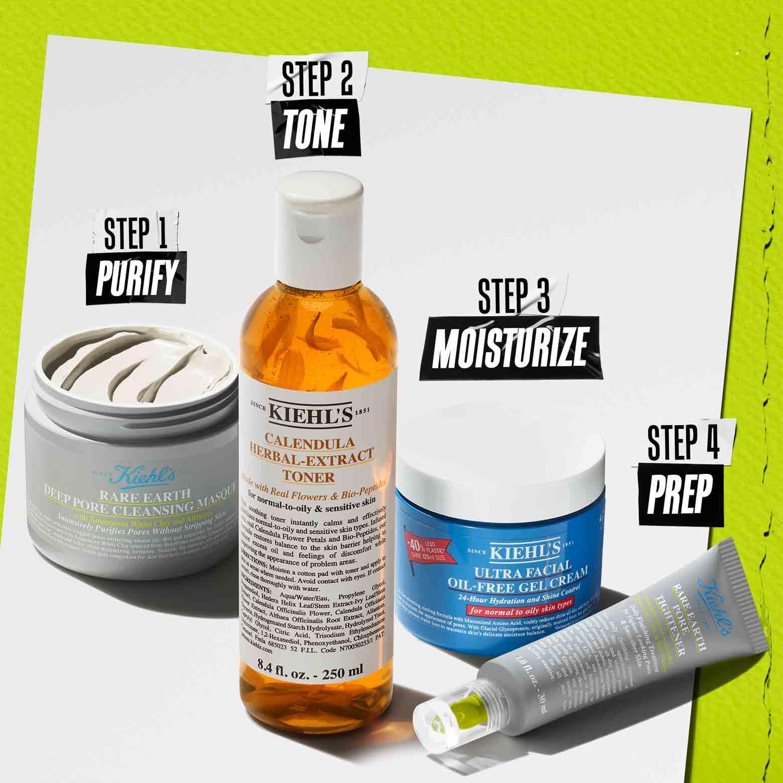 Kiehl's Rare Earth Clay Face Mask applied to skin, minimizes pores and refreshes for a clearer complexion.
