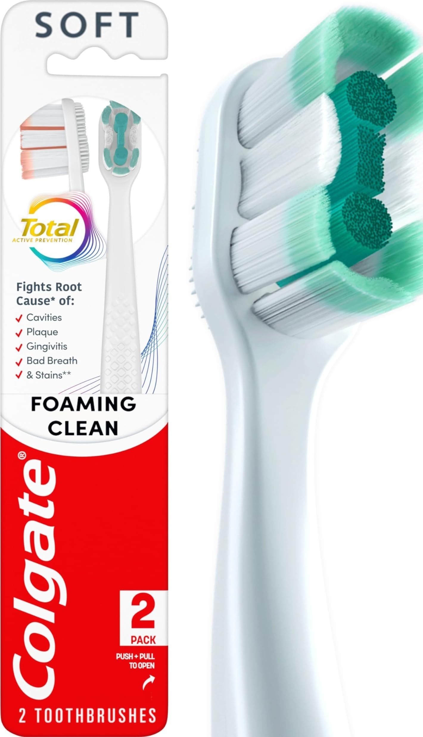 Colgate Total Foaming Clean Toothbrush, Soft, White, 2 Pack - Product Imagery