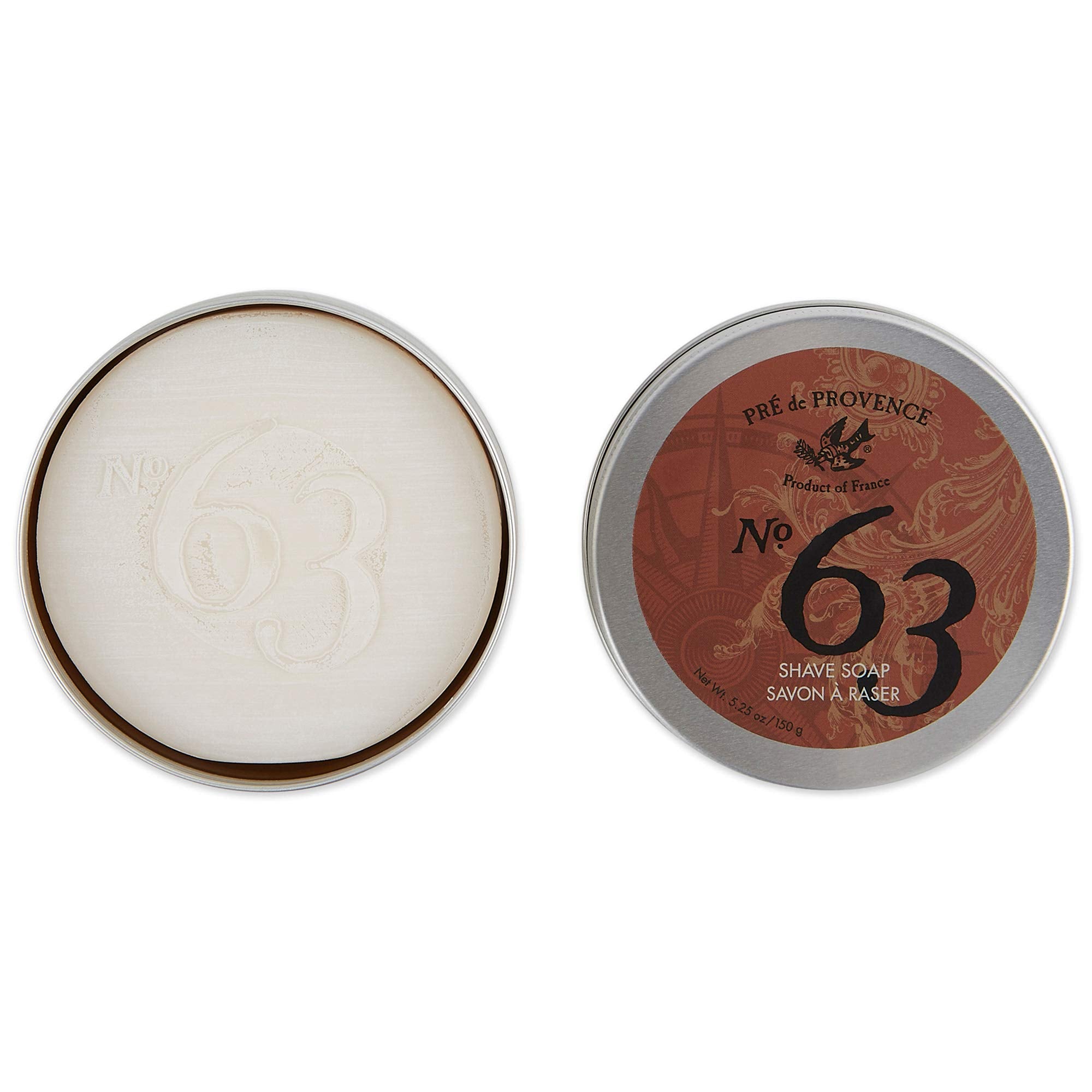 Pre de Provence No.63 men's shave soap in a tin, showcasing a creamy lather and classic packaging for a close, smooth shave.