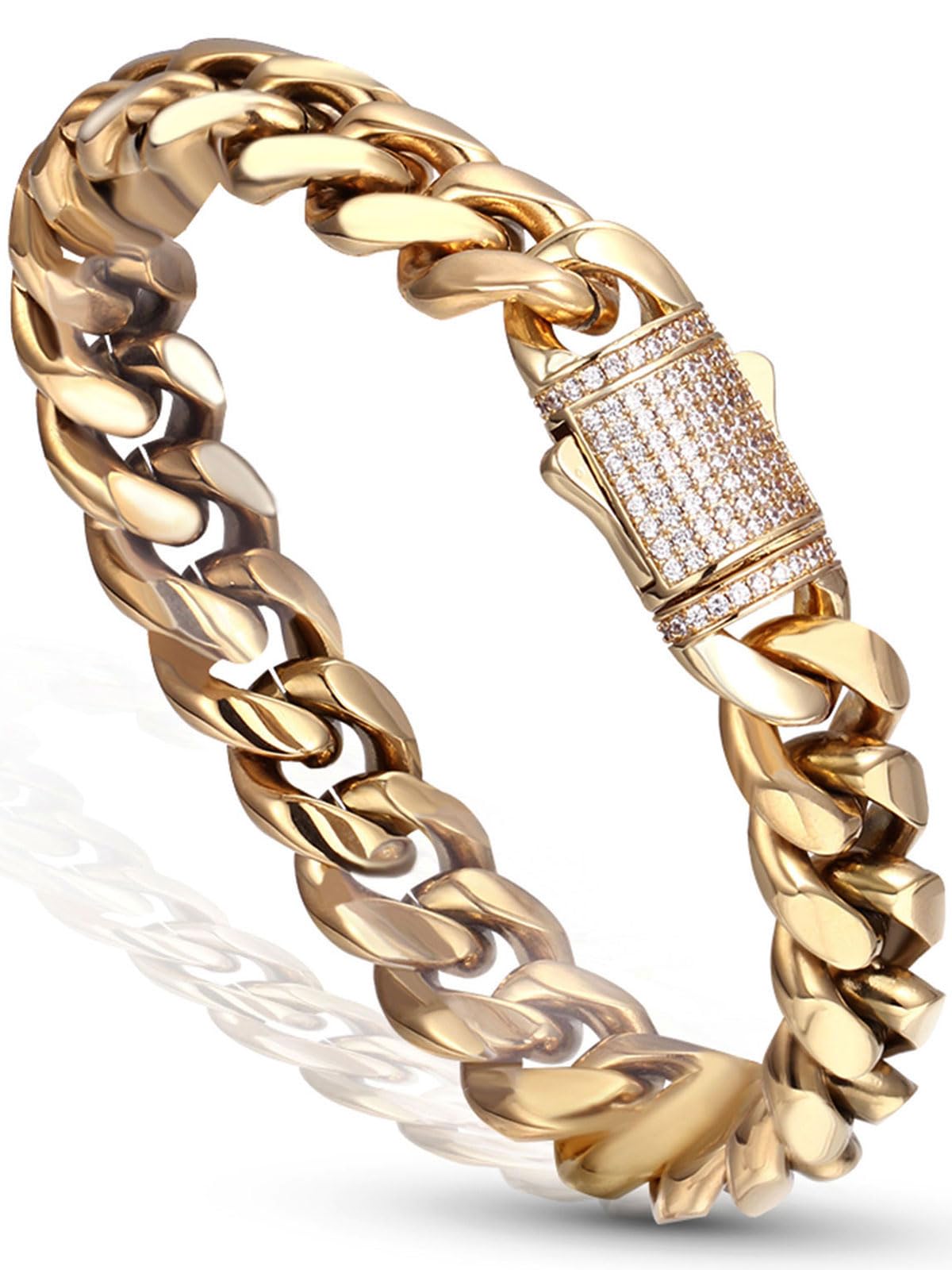 Luxfine 12mm Miami Cuban Link Bracelet 14K REAL Gold Plated Hypoallergenic Premium Stainless Steel Hip Hop Jewelry For M