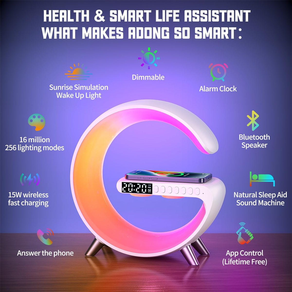 Smart LED Table Lamp 5 in 1 Wireless Charger Alarm Clock - LeeNabao Official Imagery - 3