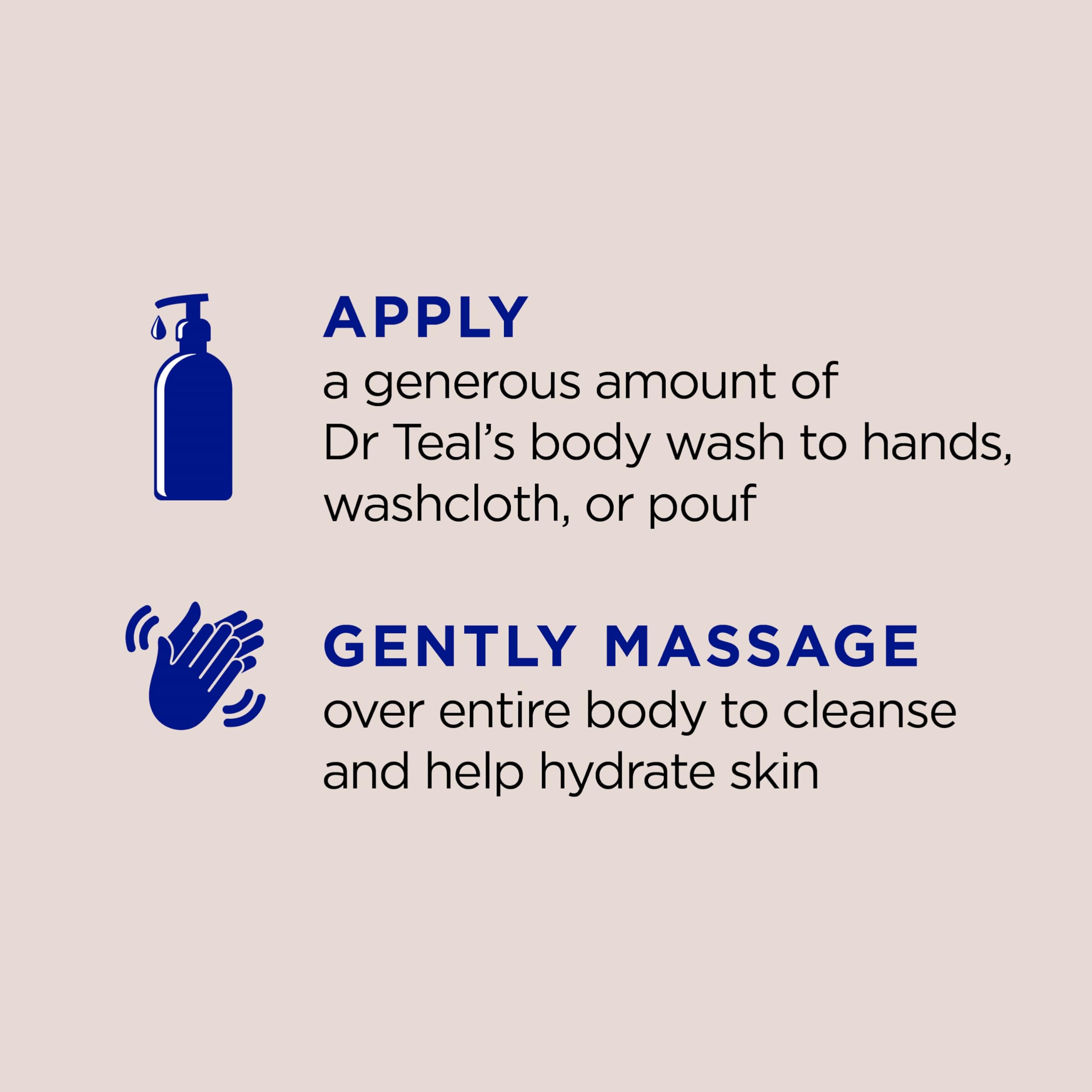 Dr Teal's body wash with Epsom salt and coconut oil, 24 fl oz, pack of 4, showing the bottle and label with soothing ingredients.