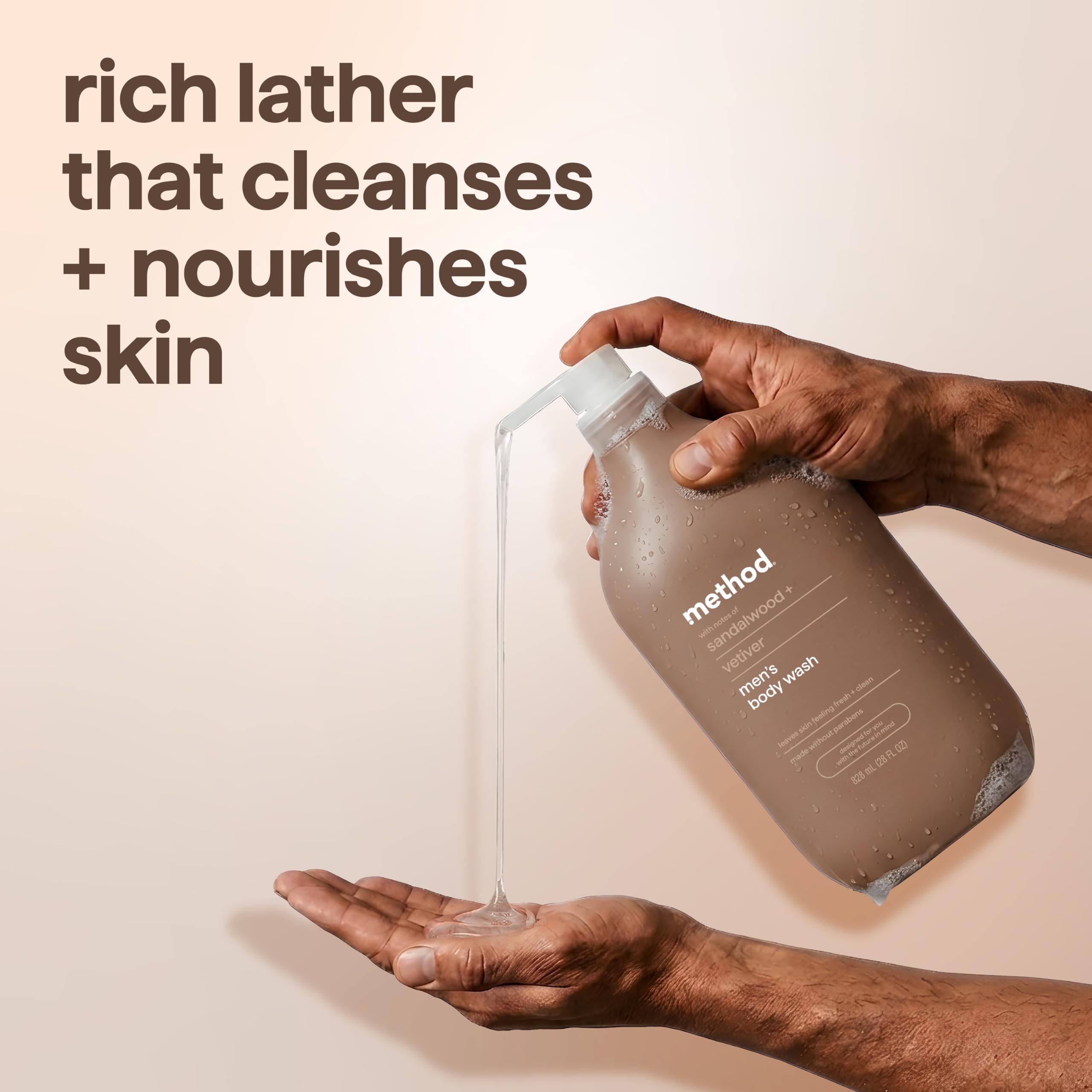 Method men's body wash with sandalwood and vetiver scent, 28 fl oz bottle, natural skin cleansing agent.