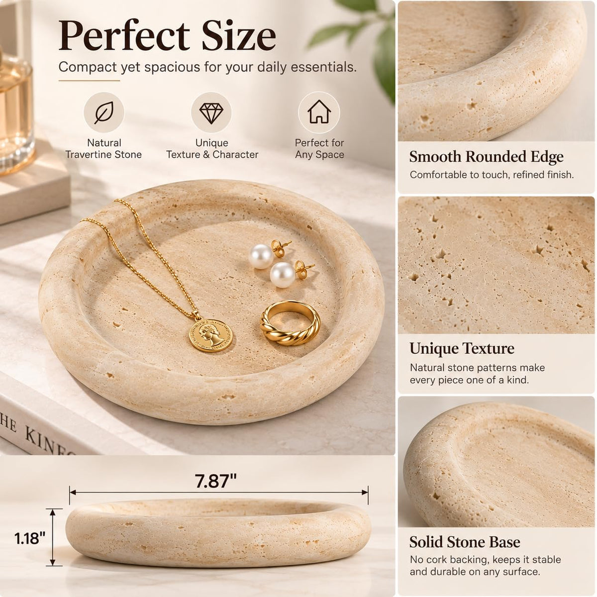 IPEDWO Natural Travertine Jewelry Dish,7.7" Stone Tray for Ring and Earring – packaging and label
