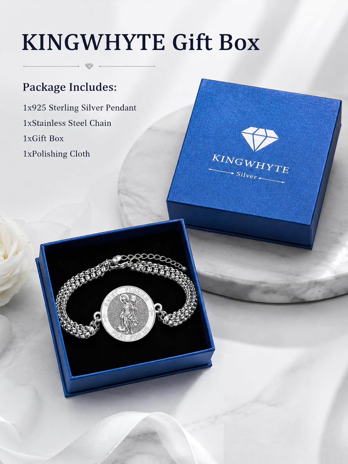 KINGWHYTE 925 Sterling Silver Saint Patron Medal Bracelet for Men Women – alternate angle