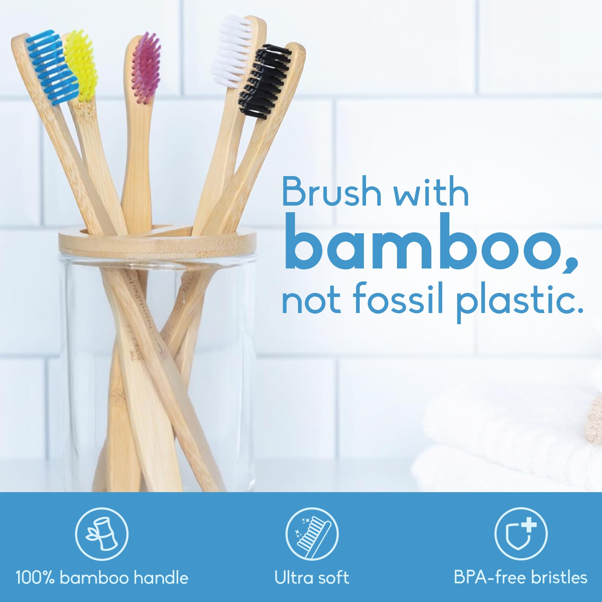 Set of five soft bamboo toothbrushes by The Humble Co., BPA-free and eco-friendly toothbrushes for gentle oral care.