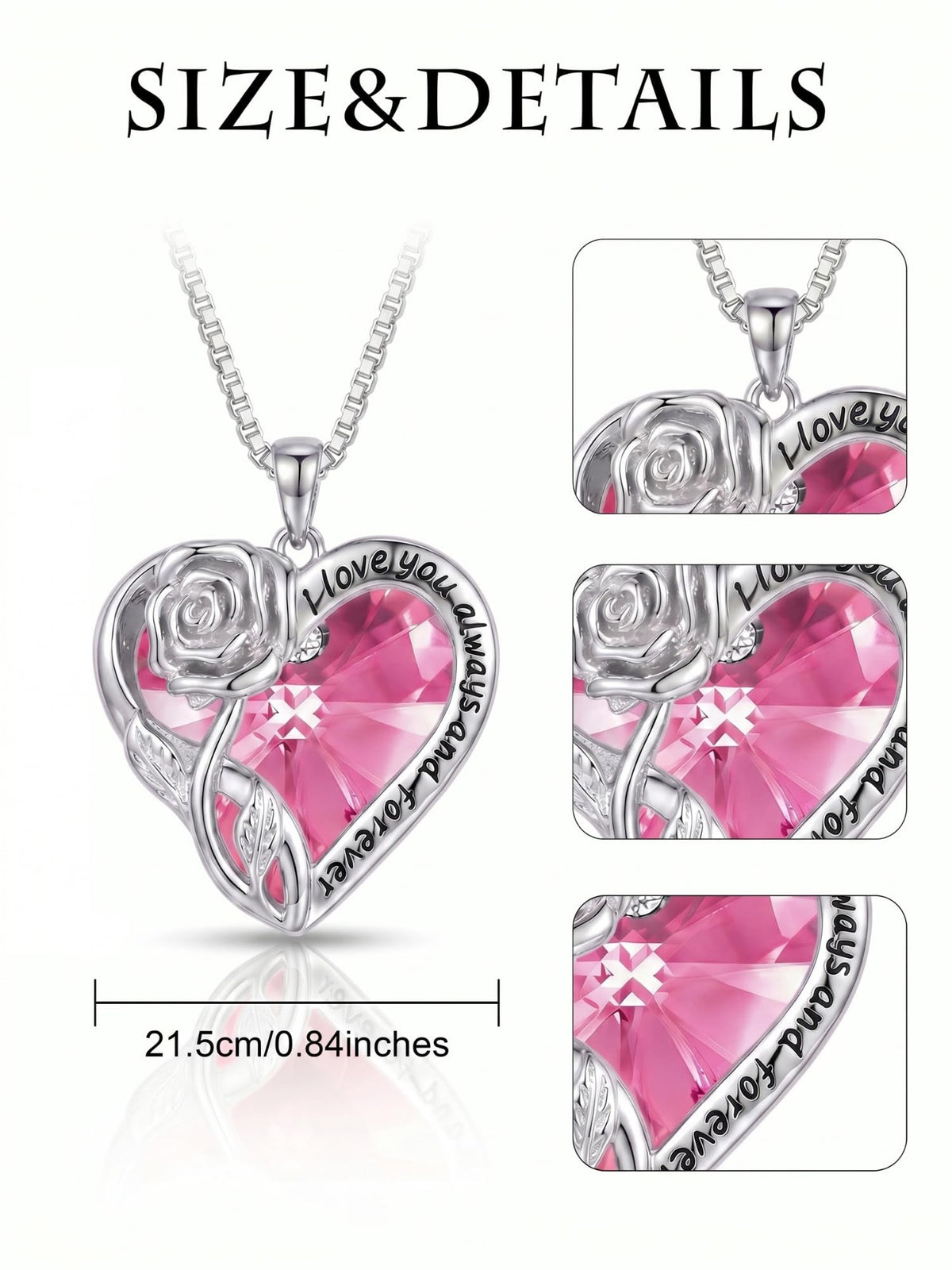 OCJ Birthstone Necklace for Women 925 Sterling Silver Rose Flower Heart Crystal Pendant Necklaces Fine Jewelry Anniversa