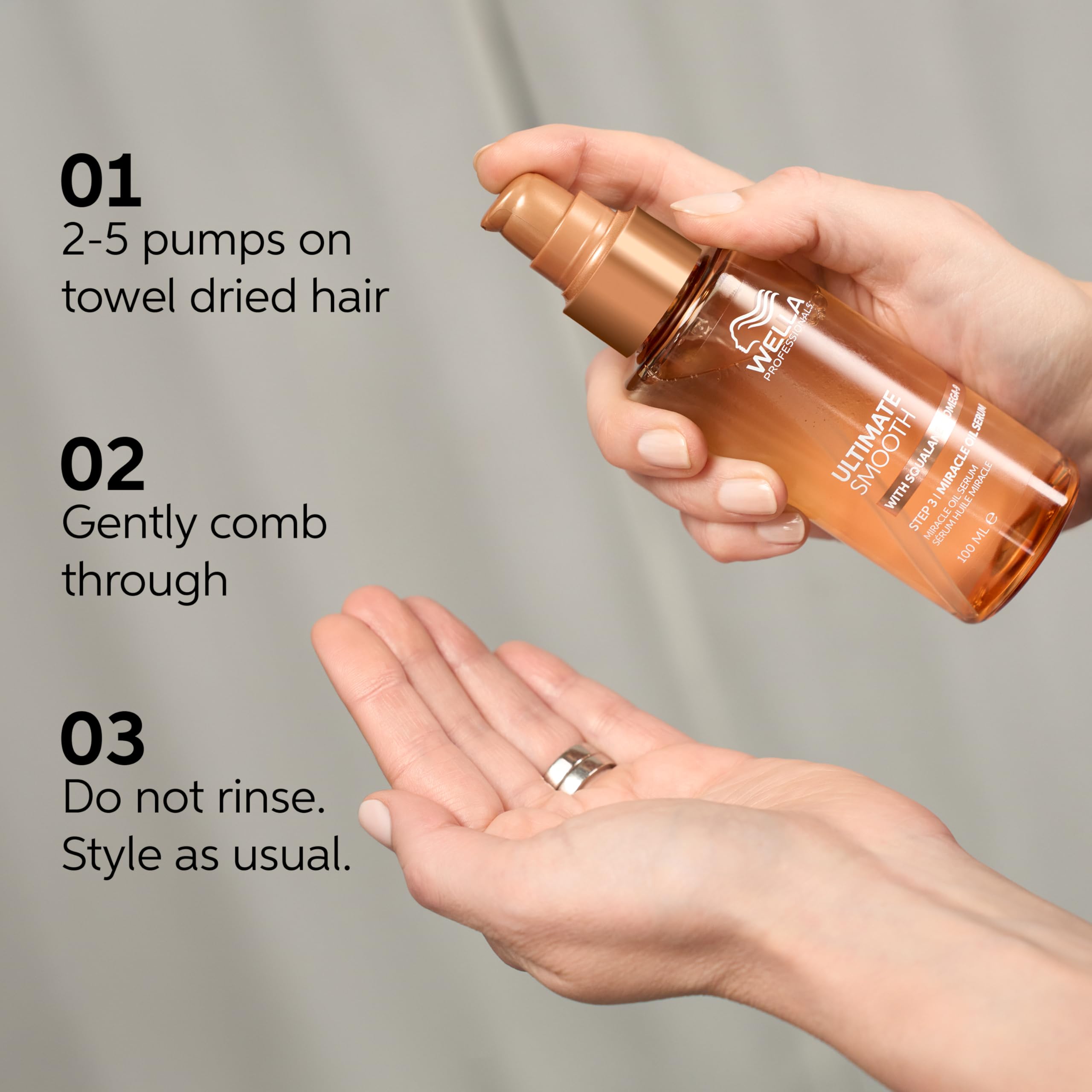 Wella Professionals Ultimate Smooth Miracle Oil Serum with squalane, showing a clear bottle of hair styling serum with a pump dispenser.