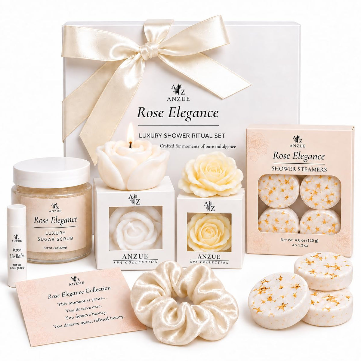 ANZUE Rose Spa Gift Set for Women – Shower Spa Gifts, Self Care Gift Basket, Candle, Body Scrub, Shower Steamers, Lip Ba