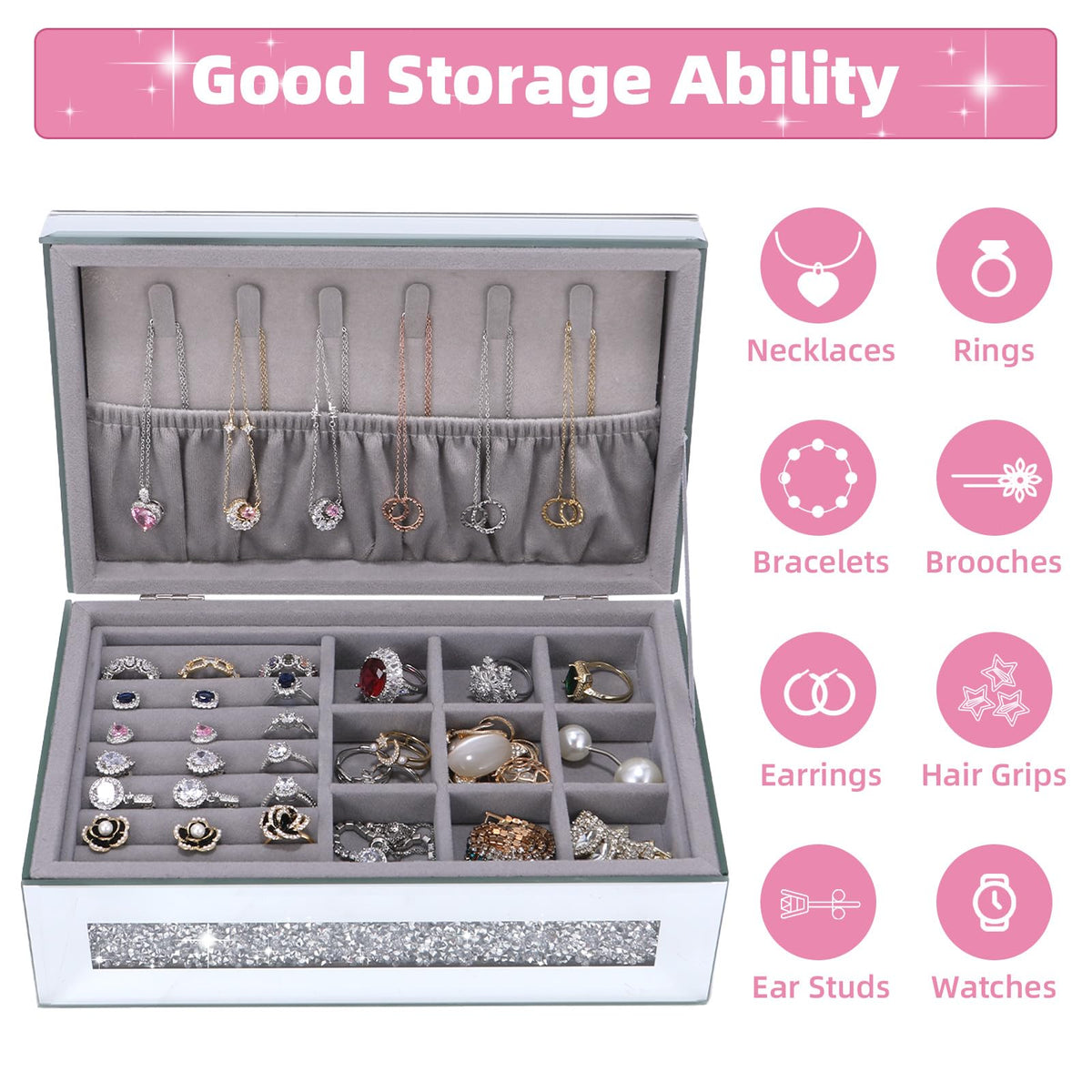 Poeuai Crushed Diamond Mirrored Jewelry Organizer Box with Lid for Women – full view