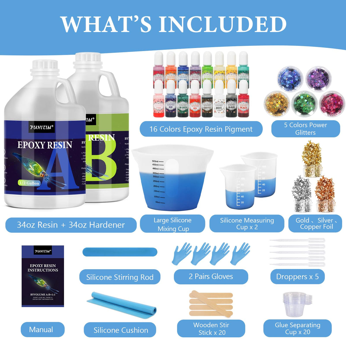 FUHITIM 1 Gallon Crystal Clear Epoxy Resin Kit, High-Glossy& No Bubbles, Art & Casting Resin with 16 Epoxy Resin Pigment
