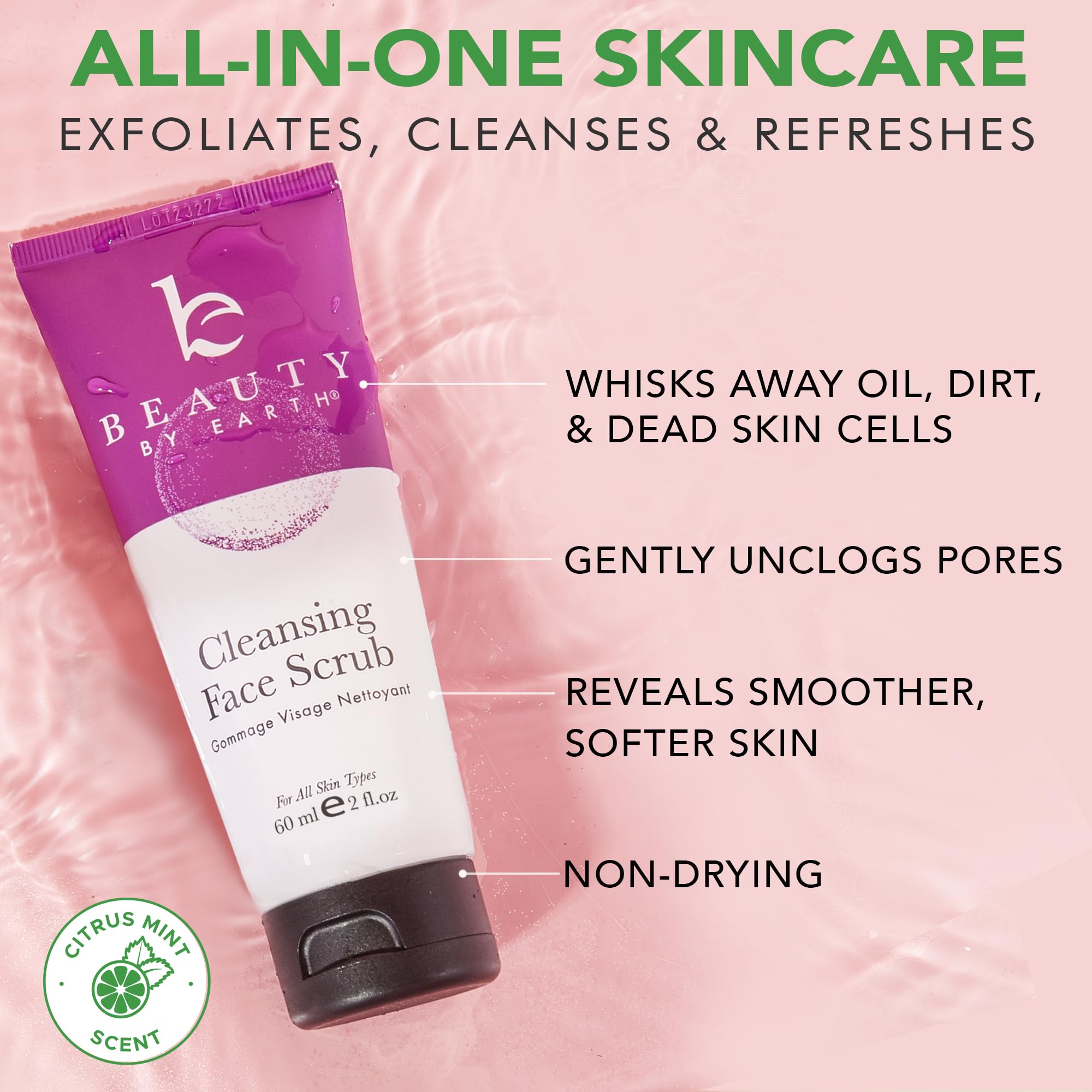 Beauty by Earth facial scrub exfoliator with natural and organic ingredients, showing the exfoliating product in a clear container.