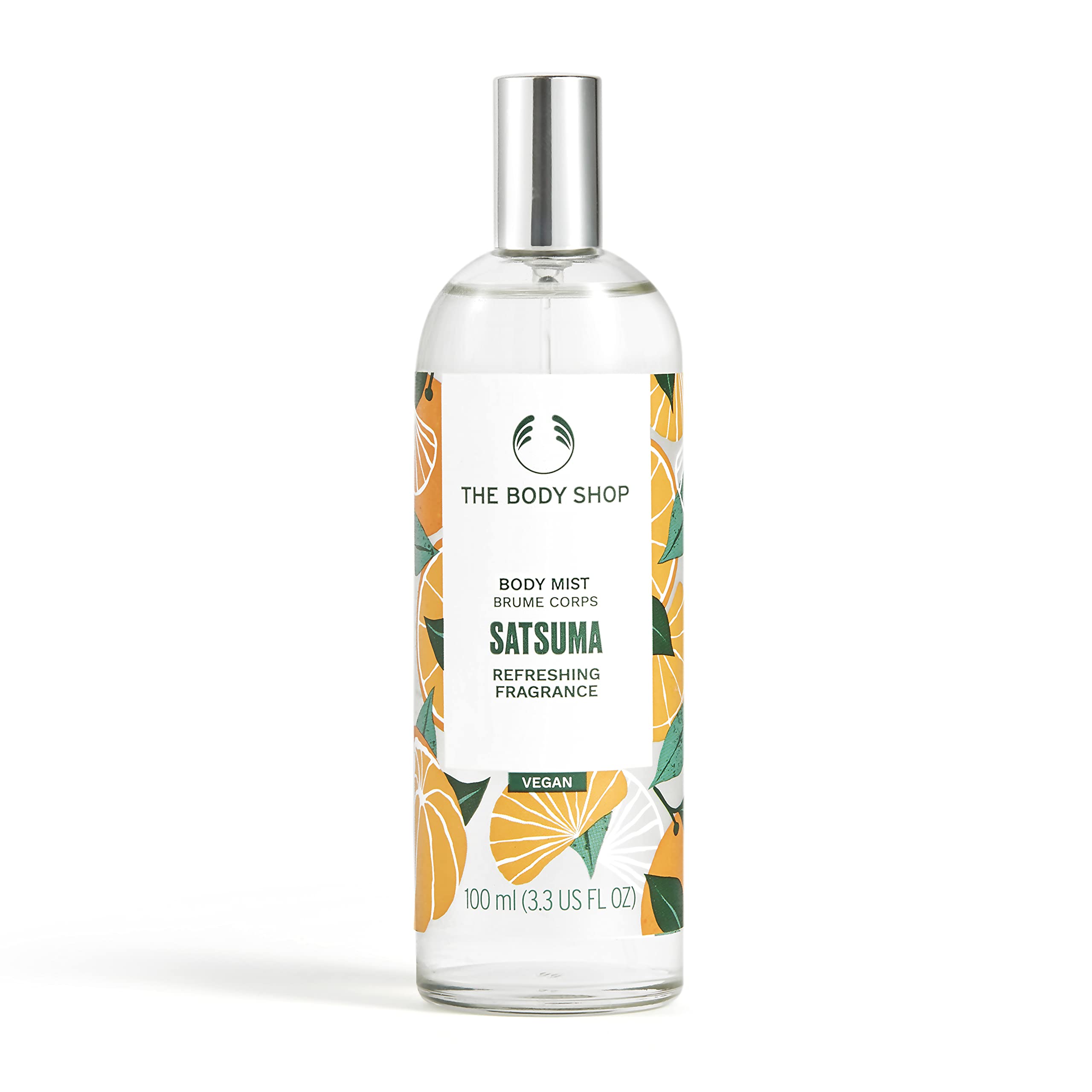 The Body Shop Satsuma Body Mist, vegan citrus spray in a 3.3 oz bottle, featuring a vibrant orange scent with fresh citrus notes.