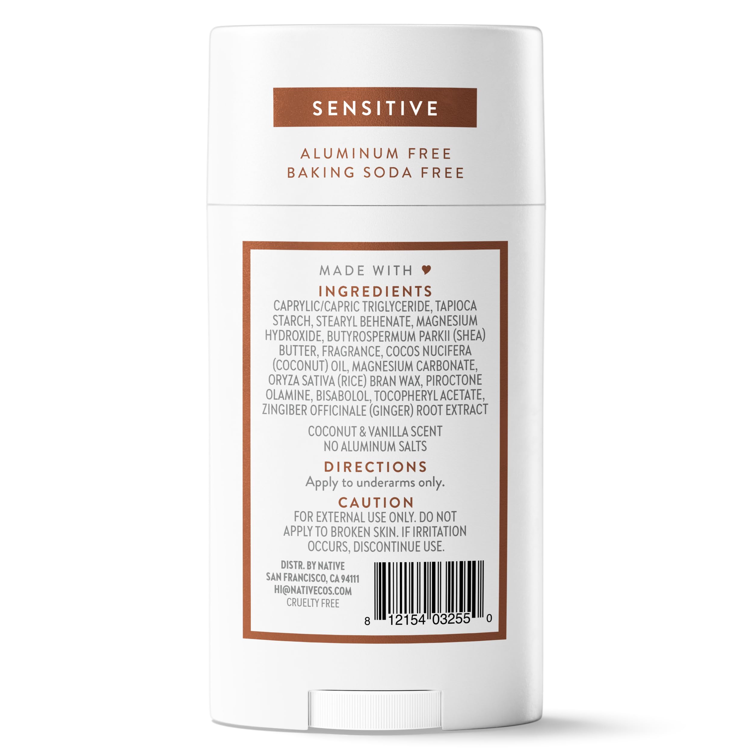 Native Sensitive deodorant stick with coconut oil, shea butter, vanilla scent, aluminum-free with 72-hour odor control for women and men.