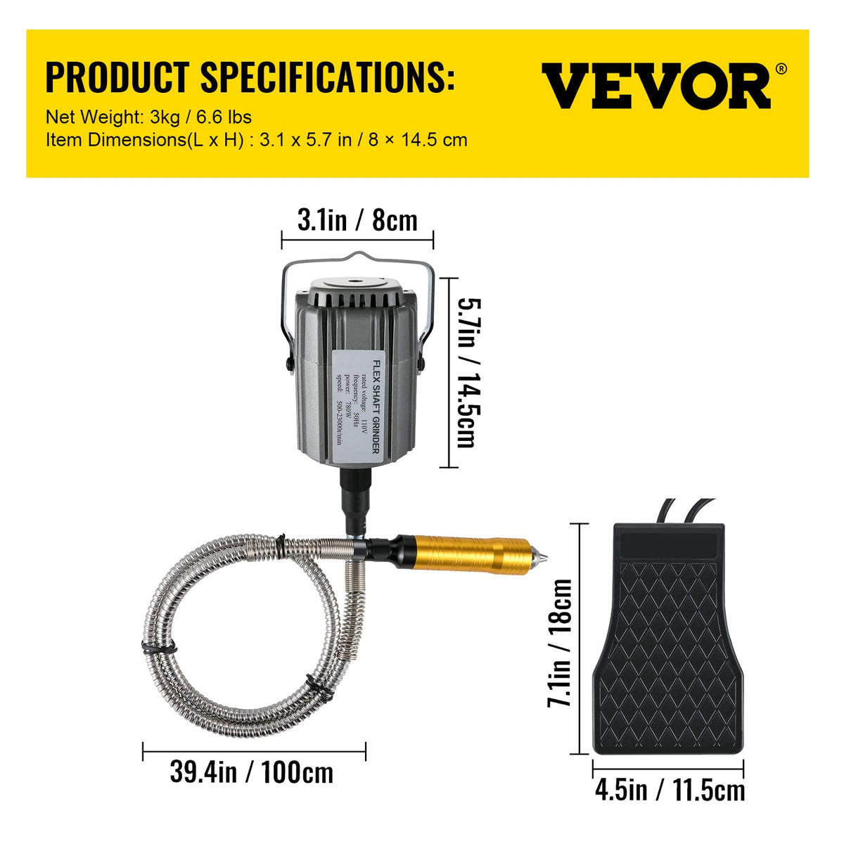 VEVOR Flex Shaft Grinder 780W Rotary Tool 500-23000RPM Rotary Carver with 1/4" 3-Jaw Chuck & Stepless Speed Foot Ped