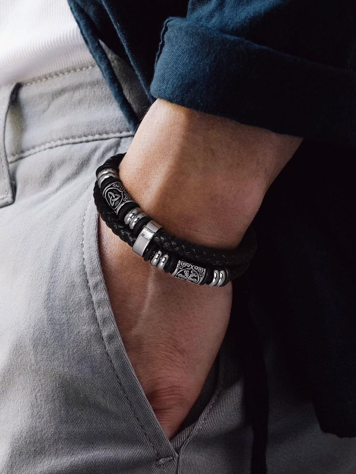 Bandmax Men's Black Double Wax Rope Bracelet Waterproof Stainless Steel Norse Style Celtic Knot Beads Wristband 7-9 Inch