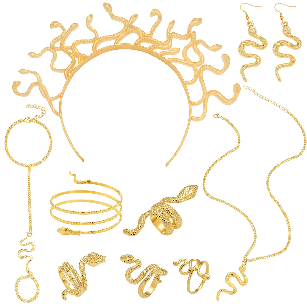 Mujahid 9 Pcs Medusa Costumes Accessories Set for Women - Gold Snake Jewelry Headpiece Bracelet Necklace Earrings Rings 