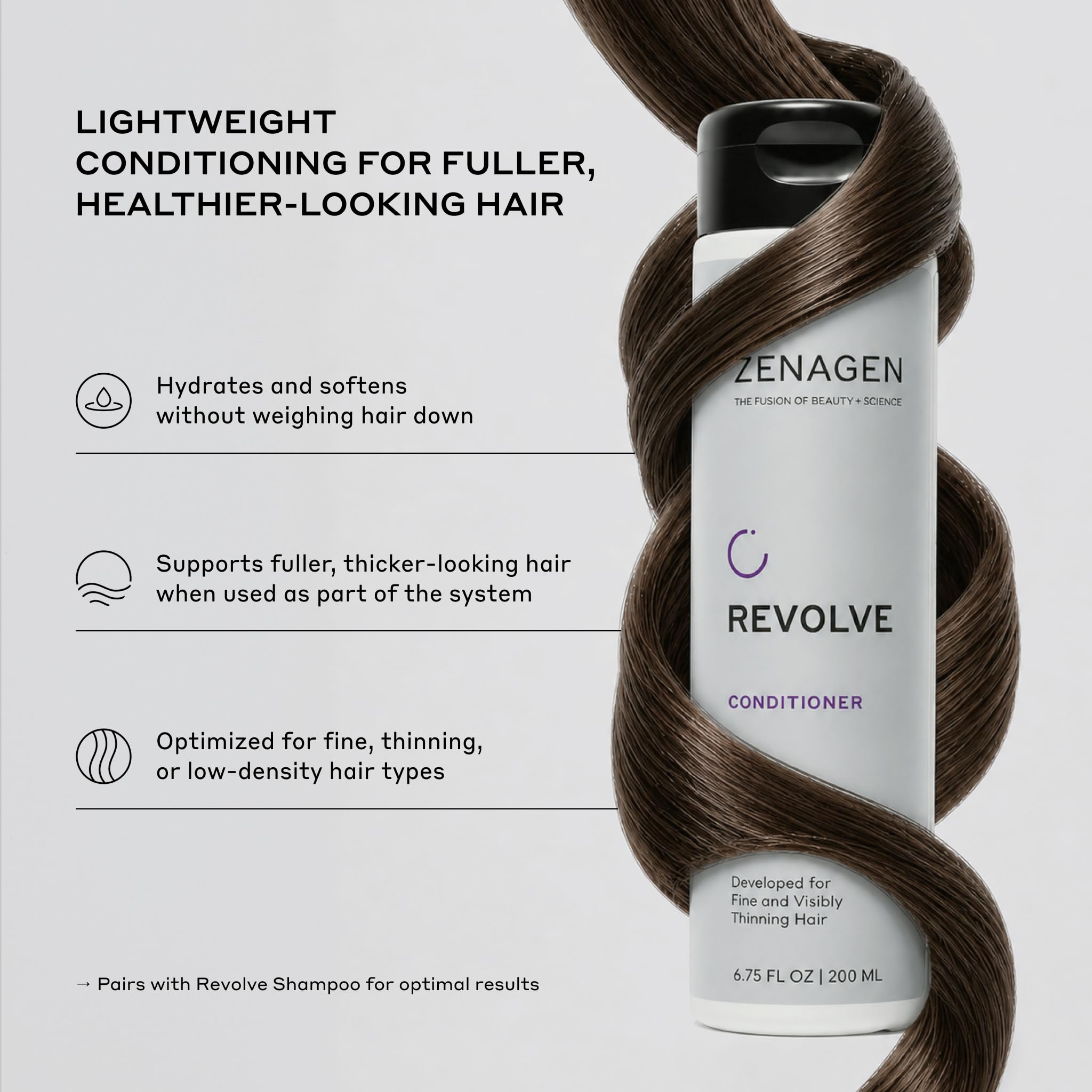 Zenagen Revolve unisex conditioner bottle for topical hair regrowth treatment, 6.75 fl oz, with a pump dispenser.