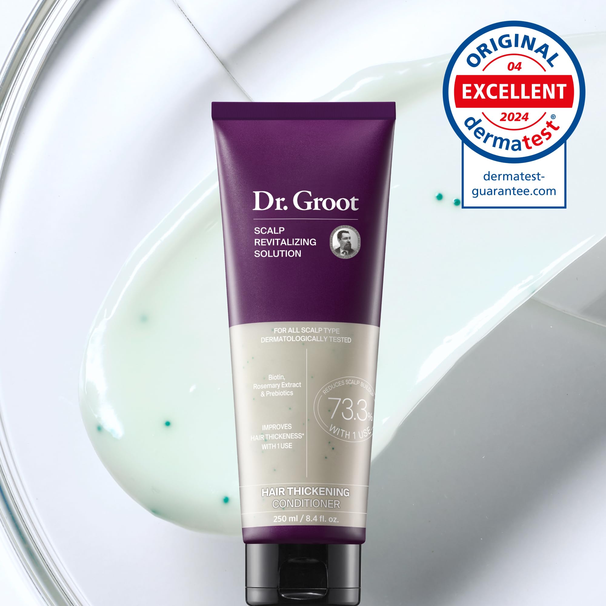 Dr. Groot Hair Thickening Conditioner bottle with label, designed for thinning hair, scalp treatment, and reducing oil.