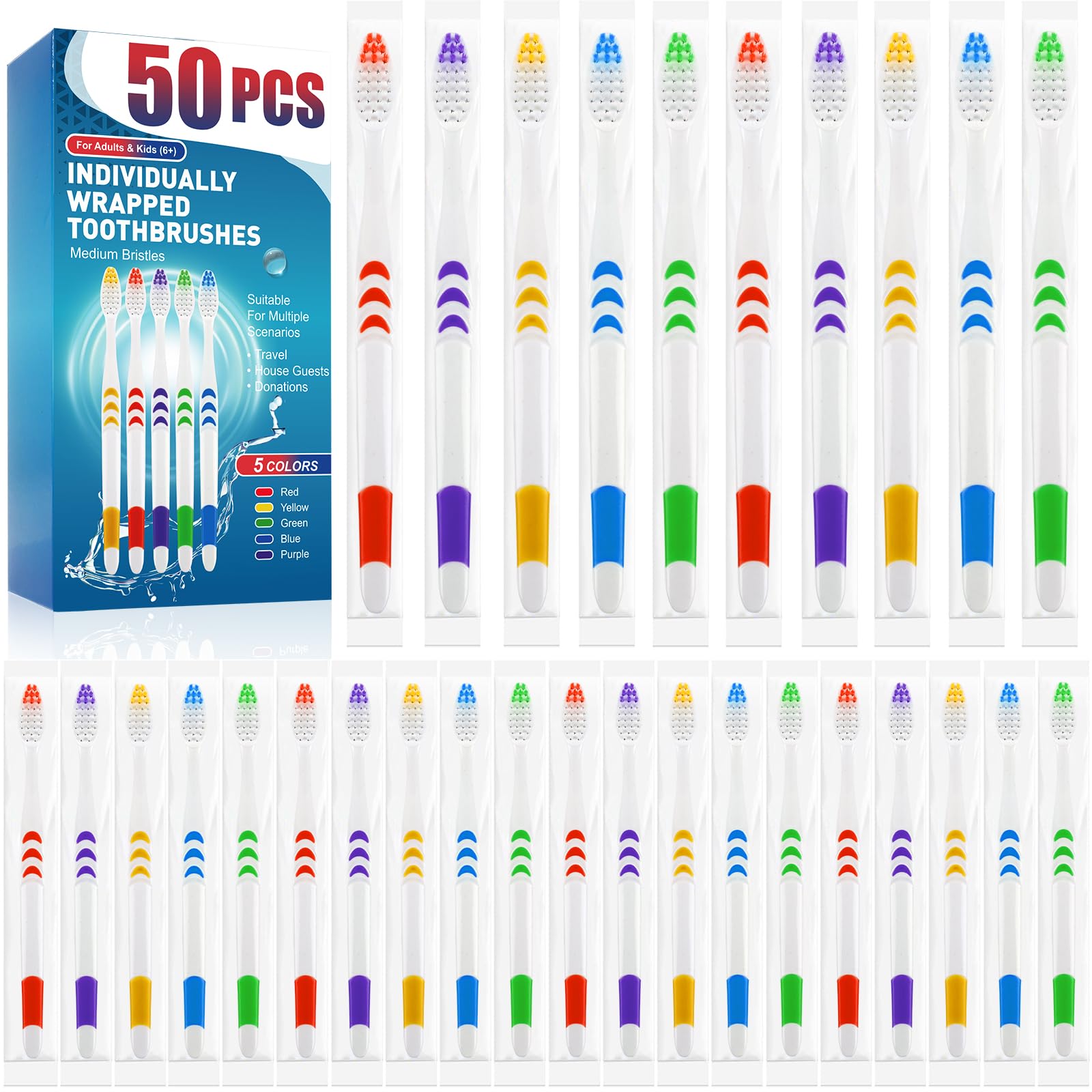 50 PCS Premium Individually Wrapped Bulk Toothbrush, Disposable - Product Imagery