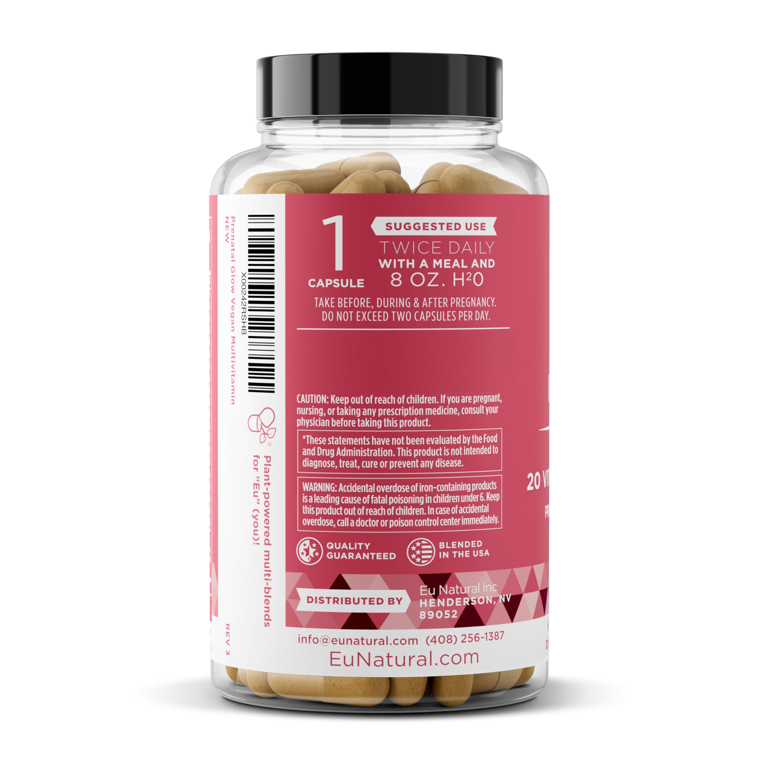 Eu Natural Glow Prenatal Vitamin bottle with 60 vegetarian capsules, containing folate and DHA for pregnant women.