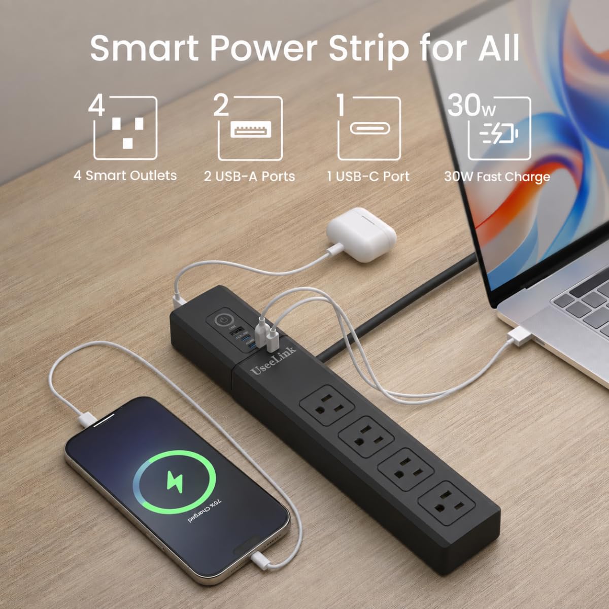 Smart Power Strip, UseeLink WiFi Surge Protector Compatible with Alexa & Google Home, Smart Plug with 4 USB Ports & 4 AC