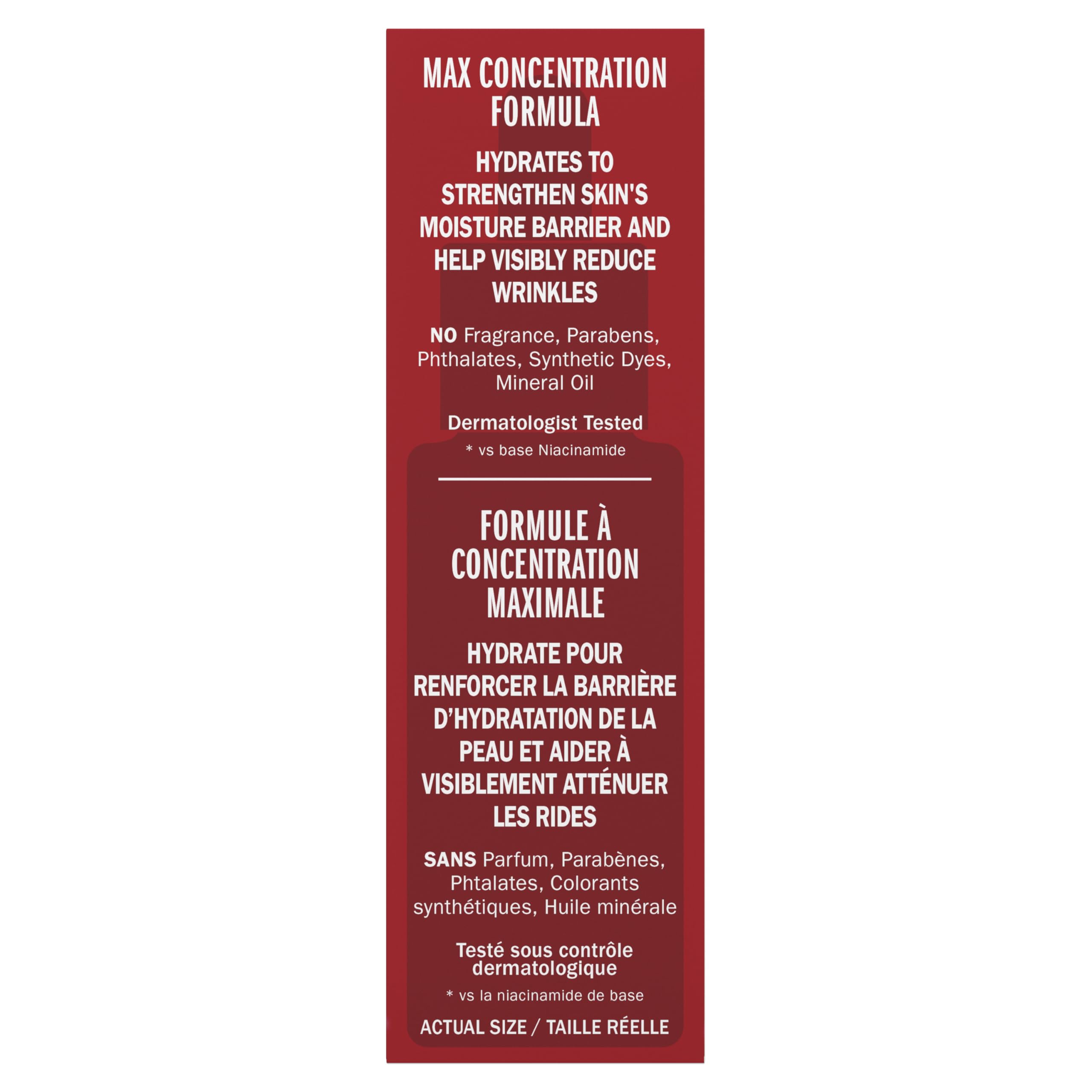 Olay Niacinamide MAX Wrinkle Reducing Serum bottle with clear label, 1.3oz, designed for smooth, anti-aging skin care.