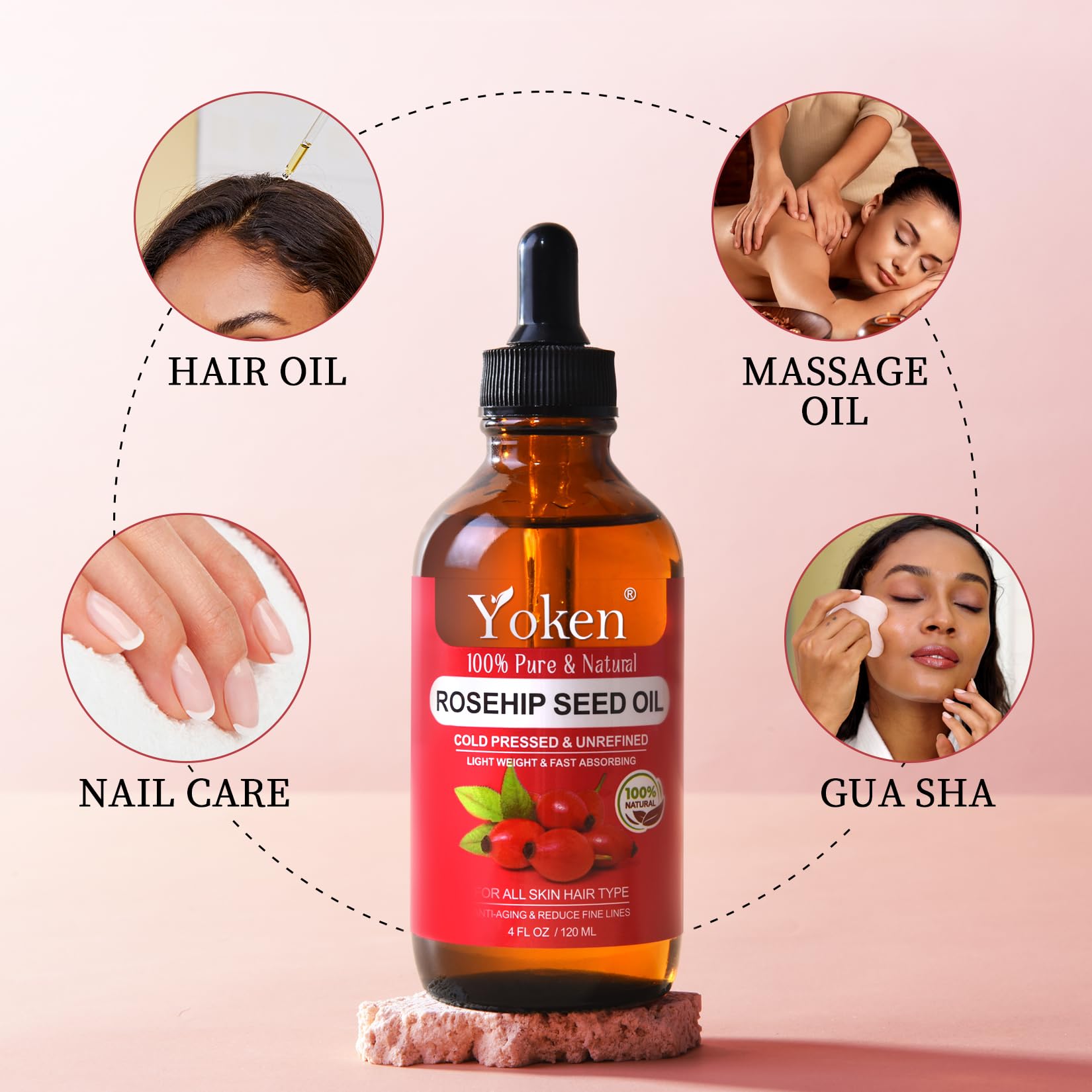 Yoken Cold Pressed Organic Rosehip Seed Oil for Face, Hair & Body, 4 fl oz