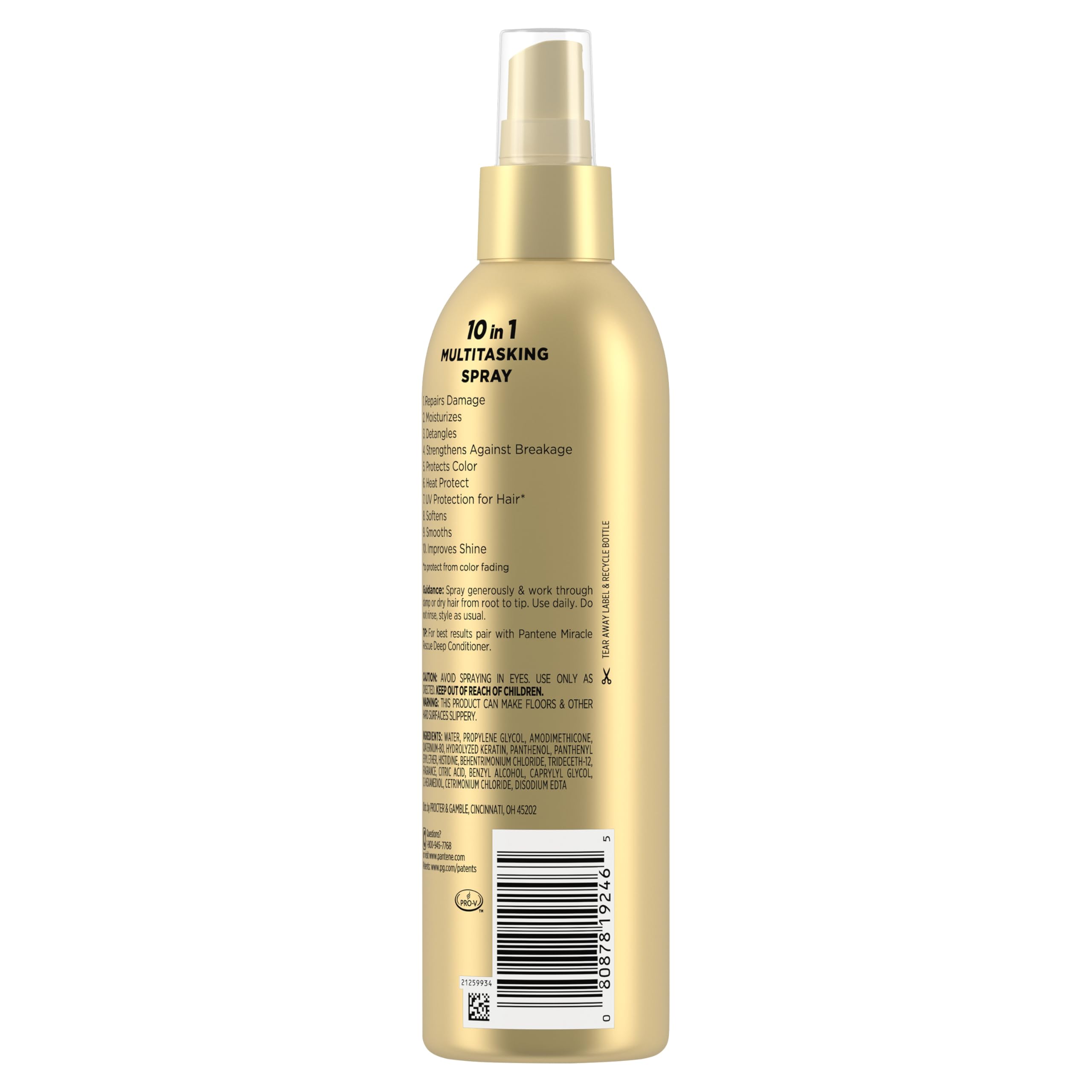 Pantene Miracle Rescue 10-in-1 multitasking hair spray bottle, showcasing the conditioner product with a sleek design
