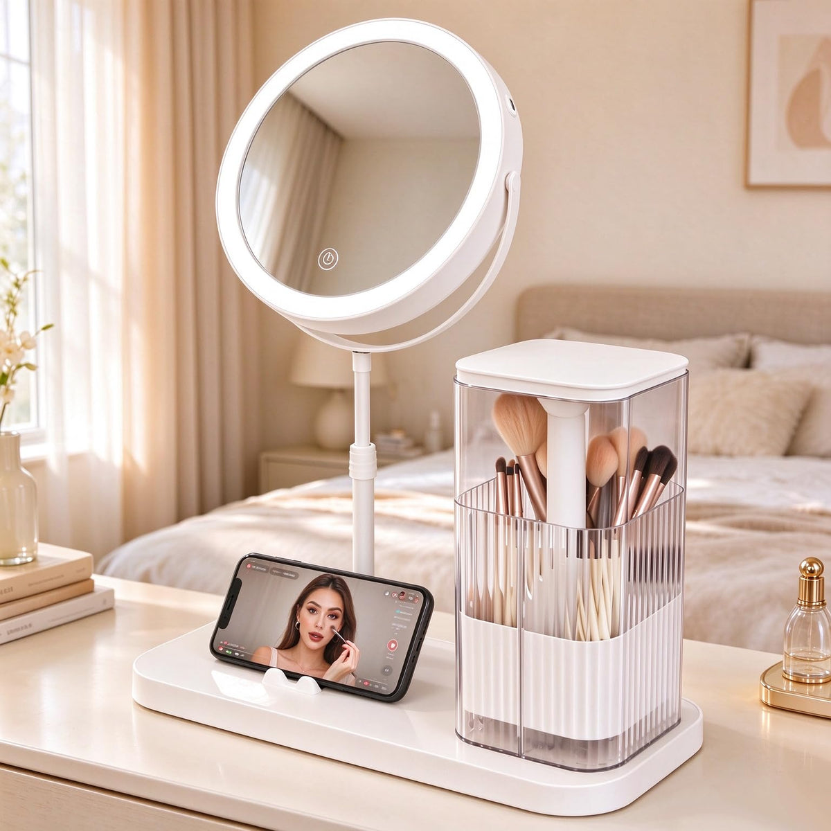 Yvcejnu Circular Makeup Mirror with Lights and Storage(White) – product photo (Makeup Mirrors)